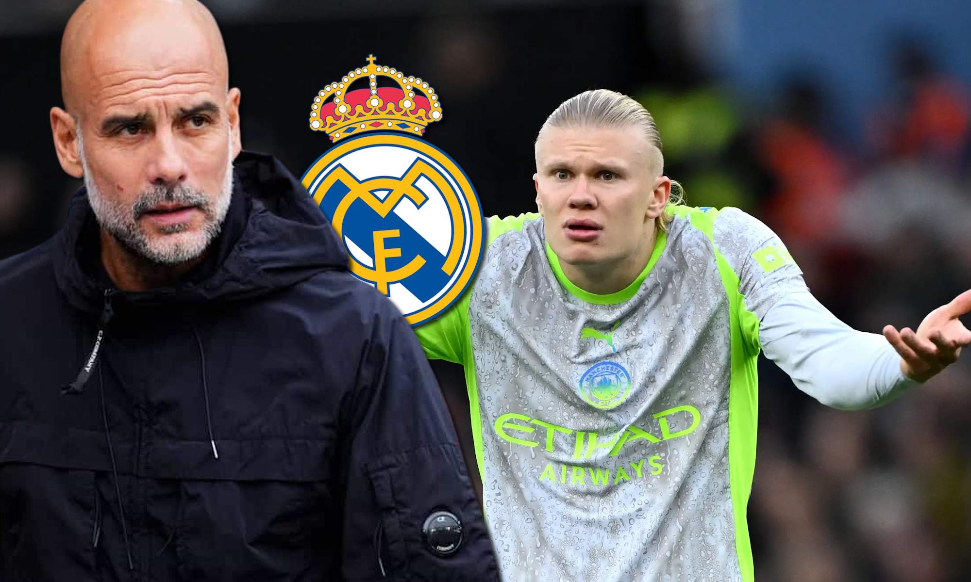 Guardiola, Haaland y escudo del Real Madrid Guardiola, Haaland y escudo del Real Madrid