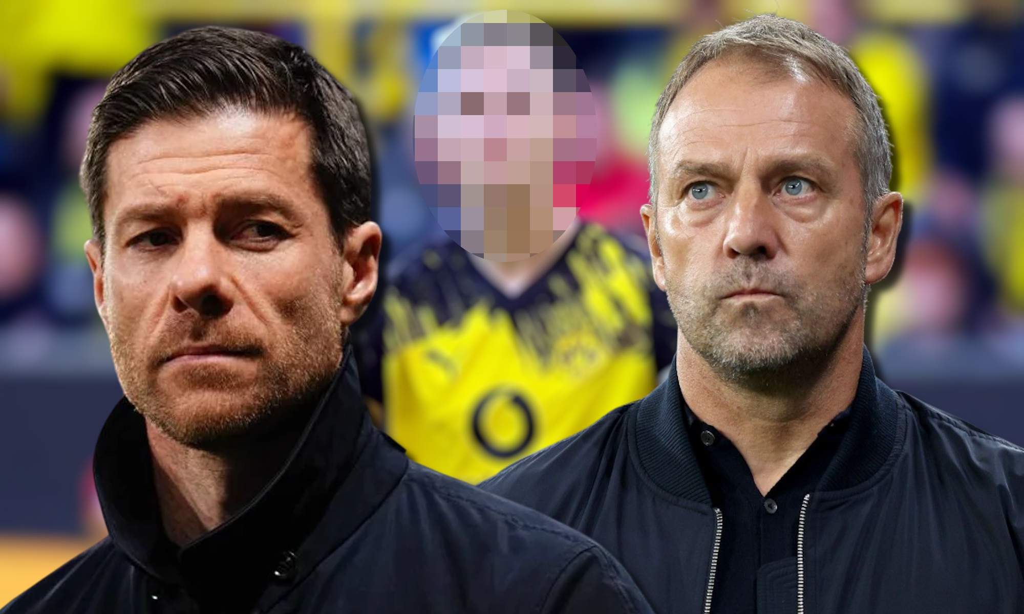Xabi Alonso con Flick y jugador de fondo pixelado Xabi Alonso con Flick y jugador de fondo pixelado