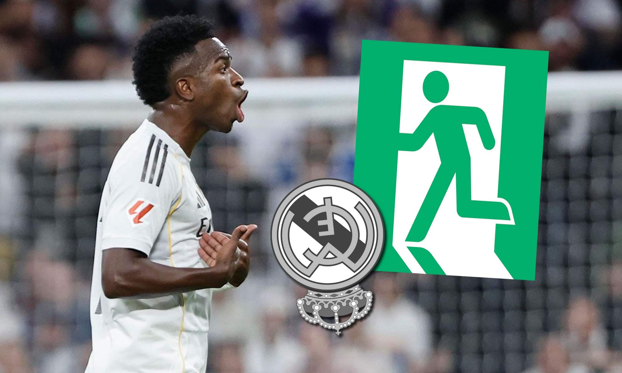 Vinicius en el Clásico con escudo del RM al revés y símbolo salida Vinicius en el Clásico con escudo del RM al revés y símbolo salida