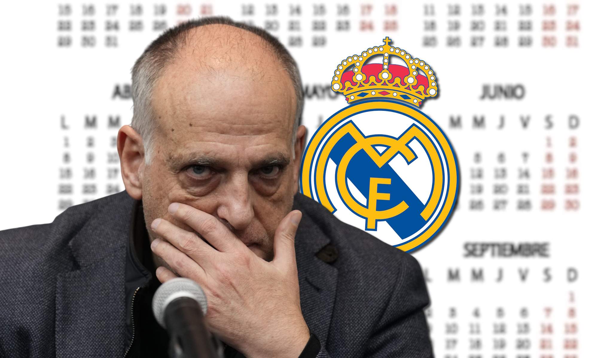 Tebas, con escudo del Real Madrid y calendario de fondo Tebas, con escudo del Real Madrid y calendario de fondo