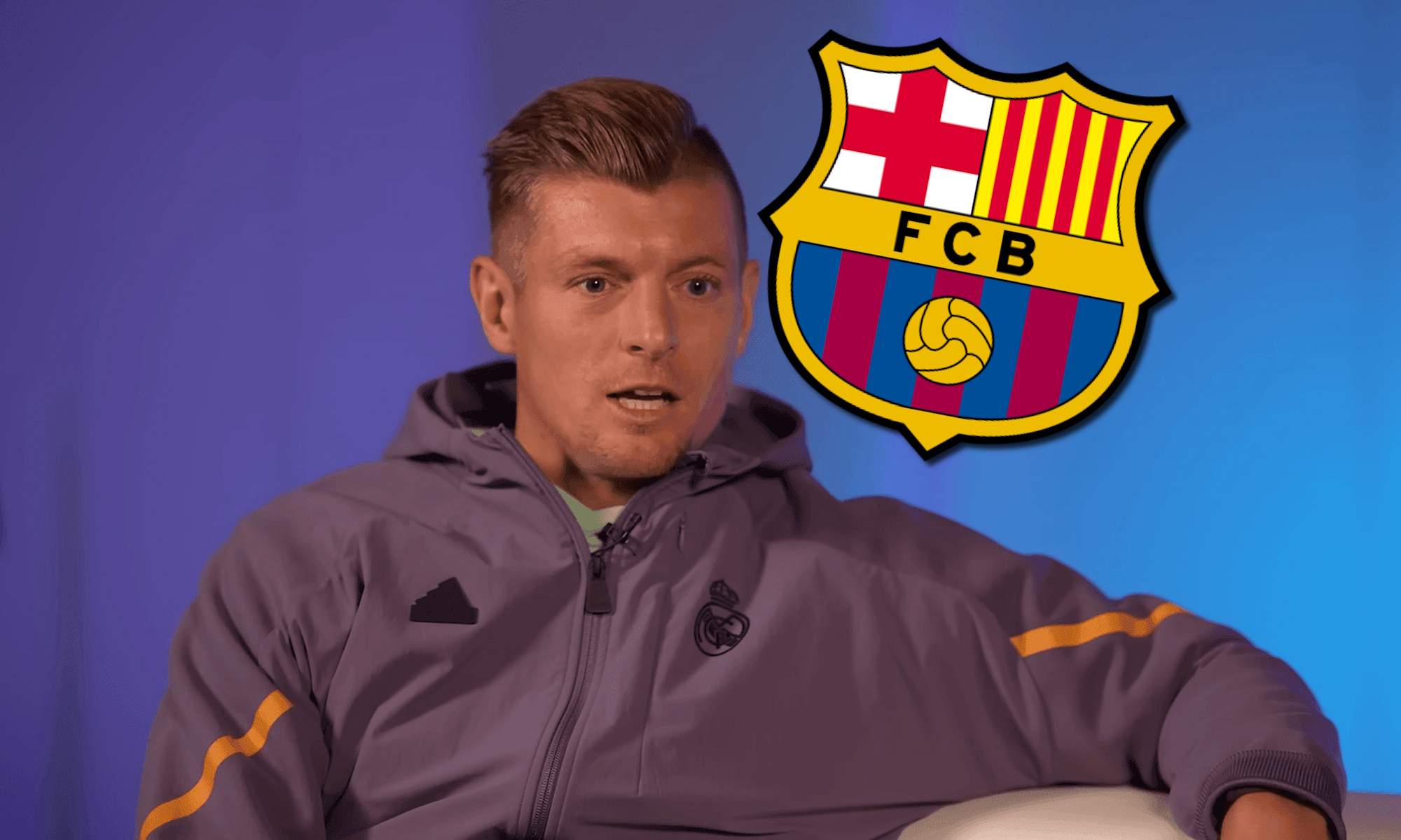 Toni Kroos con escudo del Barça hablando Toni Kroos con escudo del Barça hablando