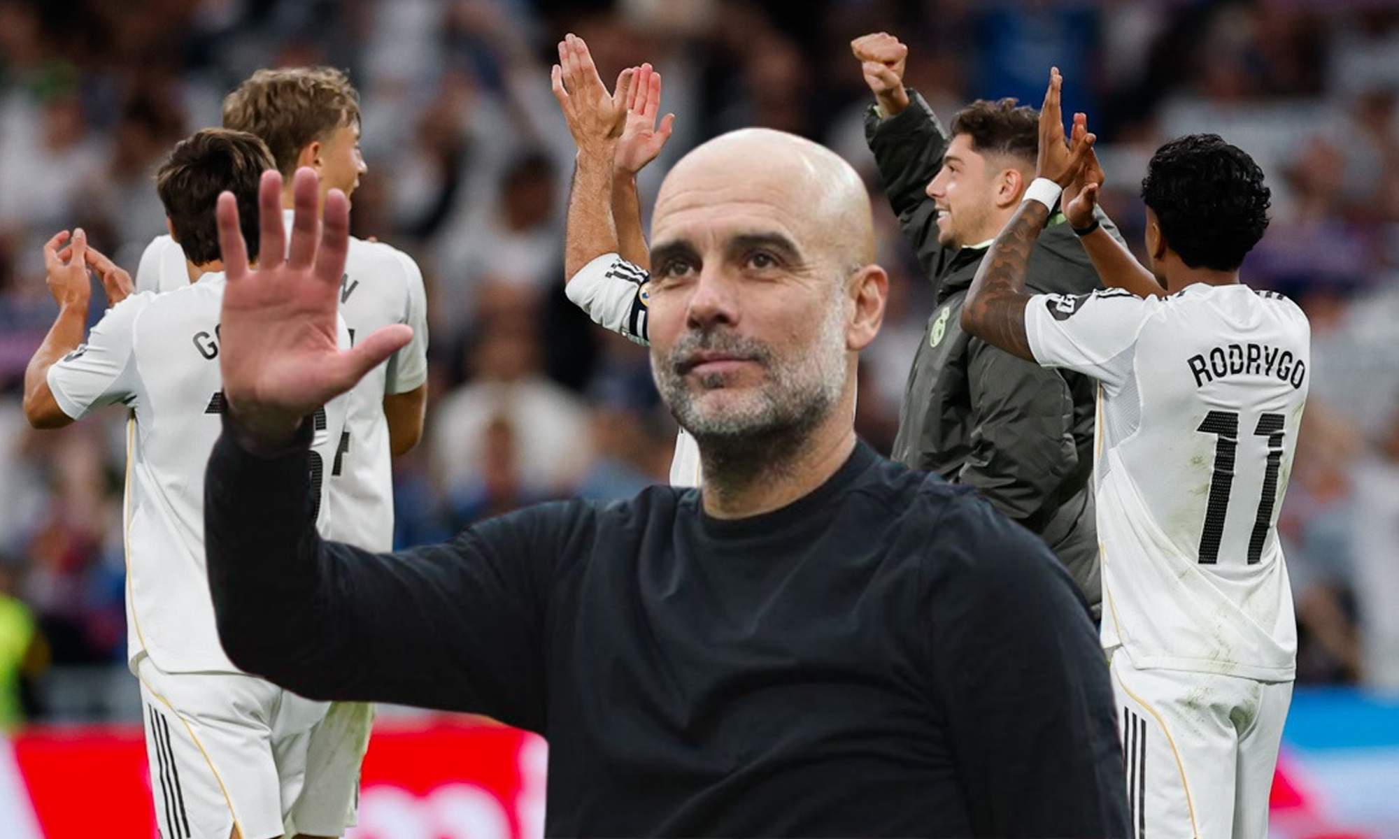 Pep Guardiola y jugadores del Real Madrid. Pep Guardiola y jugadores del Real Madrid.