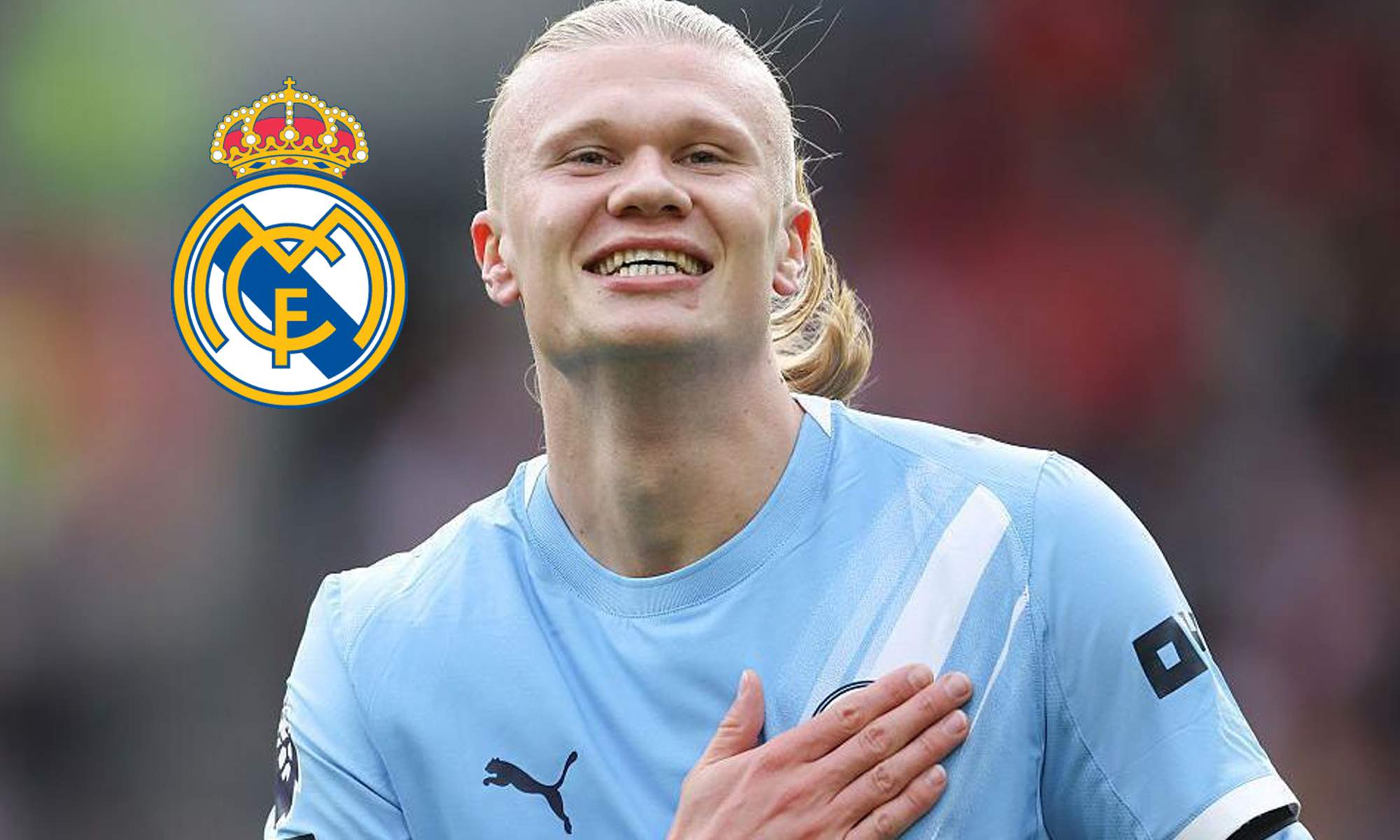 Erling Haaland con la camiseta del Manchester City y el escudo del Real Madrid.  Erling Haaland con la camiseta del Manchester City y el escudo del Real Madrid.