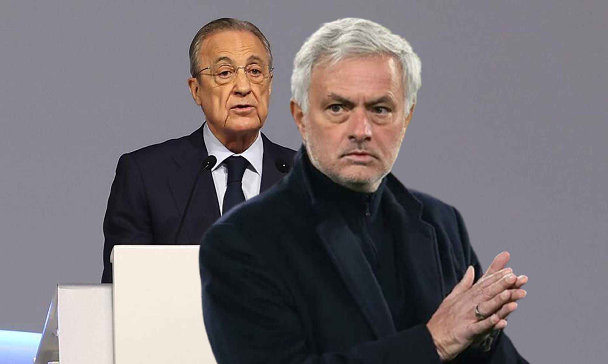 José Mourinho y una foto de Florentino Pérez. José Mourinho y una foto de Florentino Pérez.