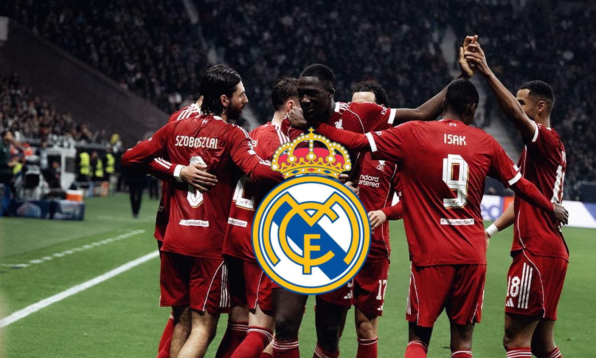 Jugadores del Liverpool y el escudo del Real Madrid. Jugadores del Liverpool y el escudo del Real Madrid.