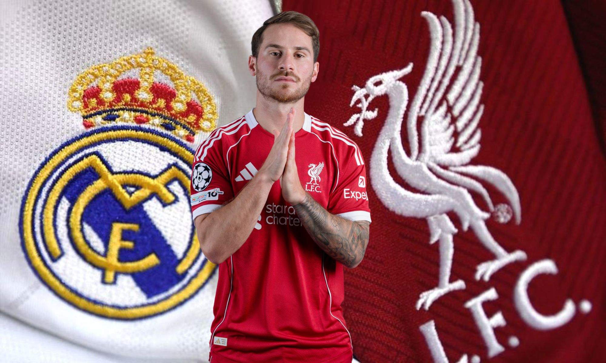 Mac Allister con las camisetas de Real Madrid y Liverpool Mac Allister con las camisetas de Real Madrid y Liverpool