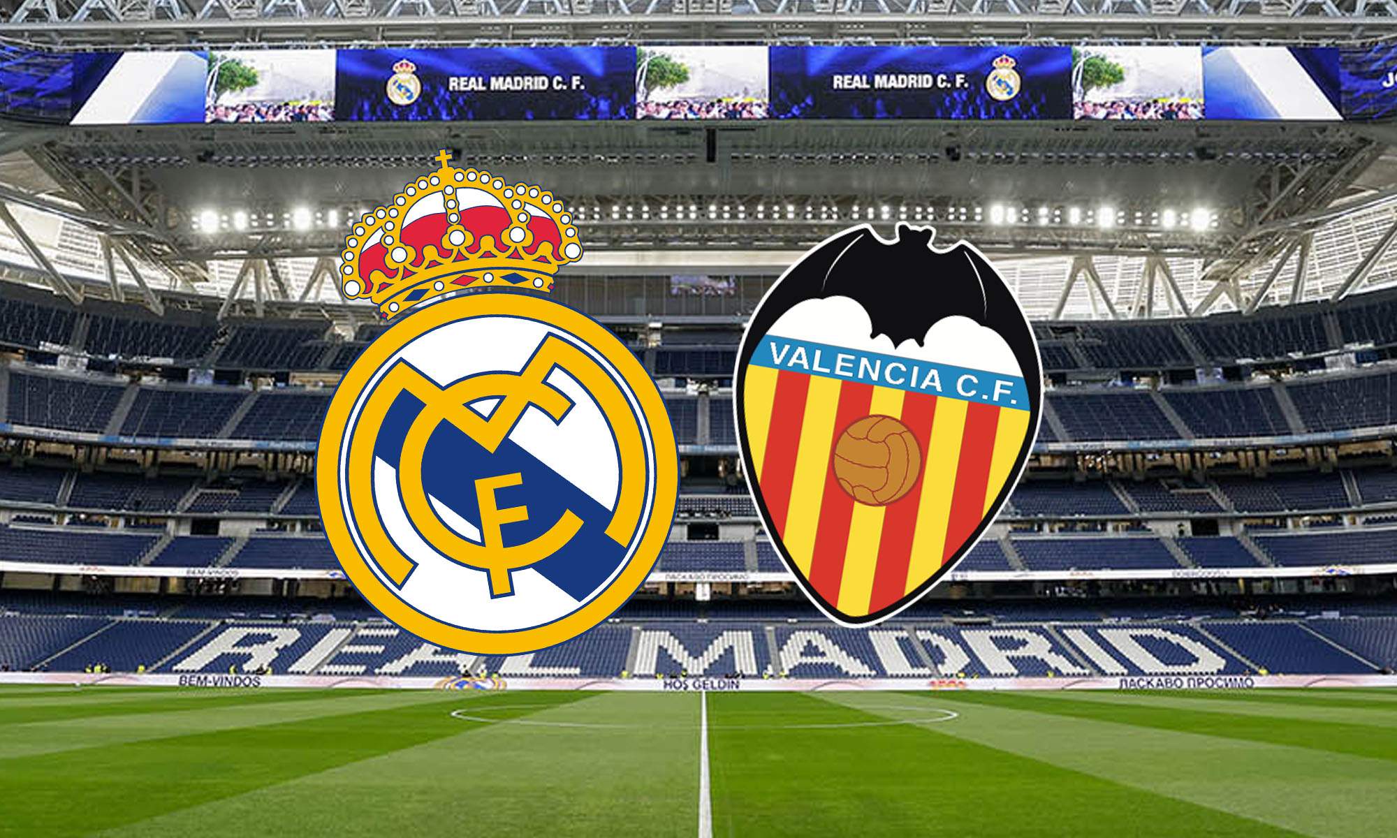 Escudo Real Madrid y Valencia con fondo Bernabéu Escudo Real Madrid y Valencia con fondo Bernabéu