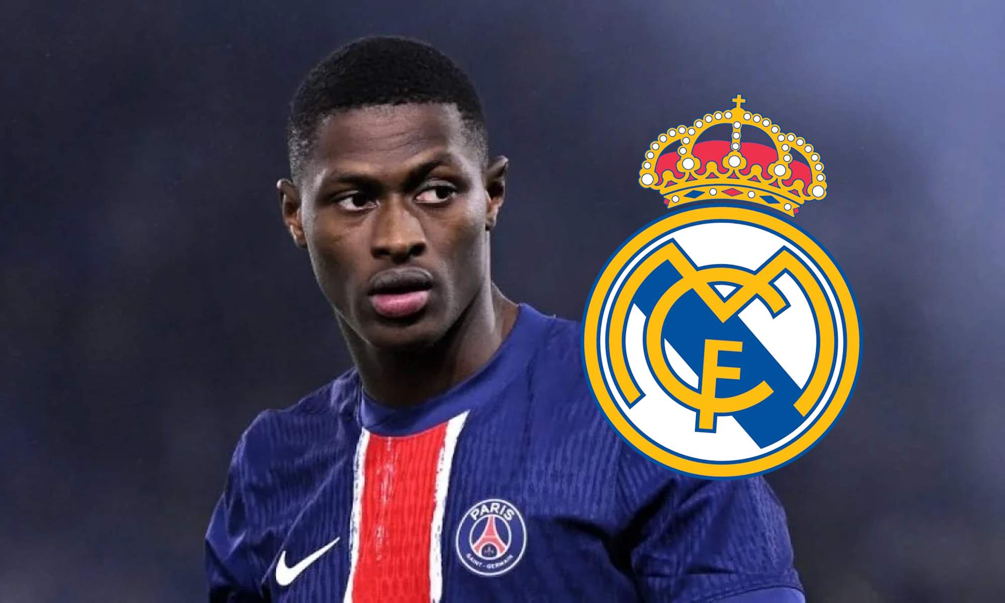 Nuno Mendes con el PSG y escudo del Real Madrid Nuno Mendes con el PSG y escudo del Real Madrid