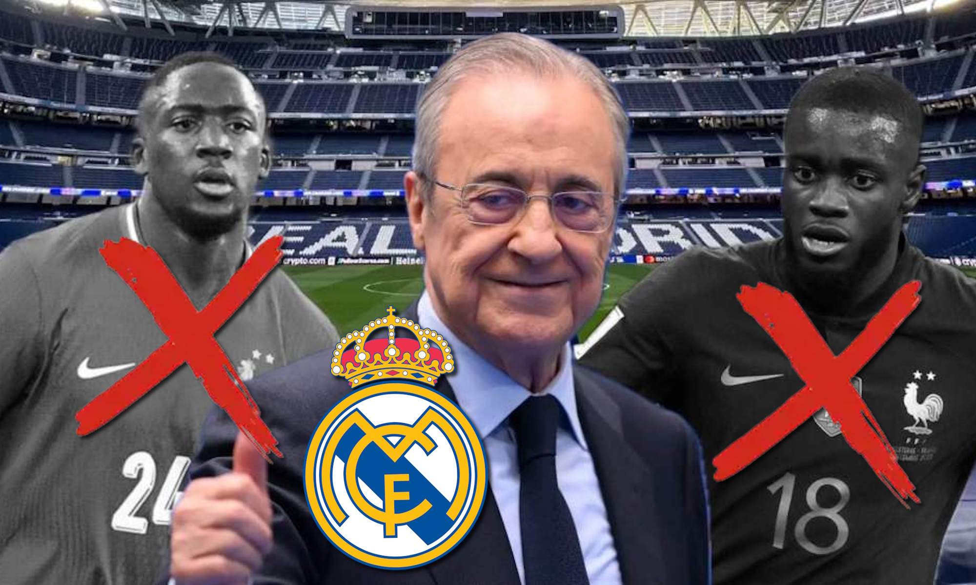 Florentino Pérez con escudo del Real Madrid y Konaté y Upamecano en BN y tachados en rojo Florentino Pérez con escudo del Real Madrid y Konaté y Upamecano en BN y tachados en rojo