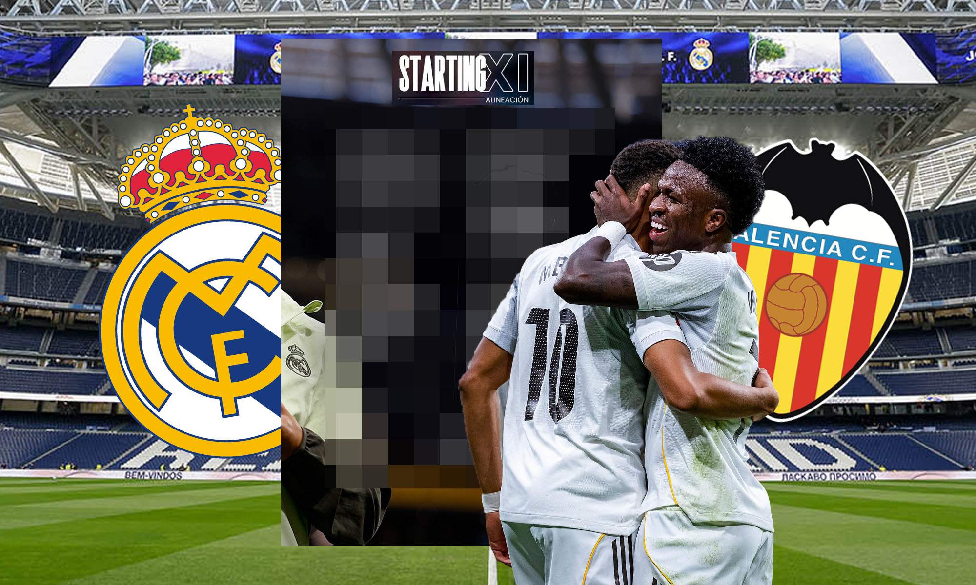 XI de incognito con escudo Real Madrid y Valencia y Vinicius con Mbappé