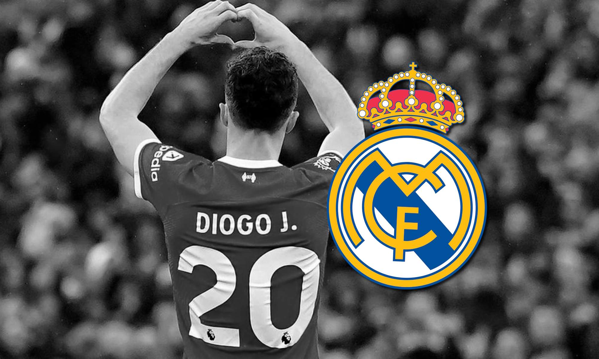 Diogo Jota en BN y escudo del Real Madrid