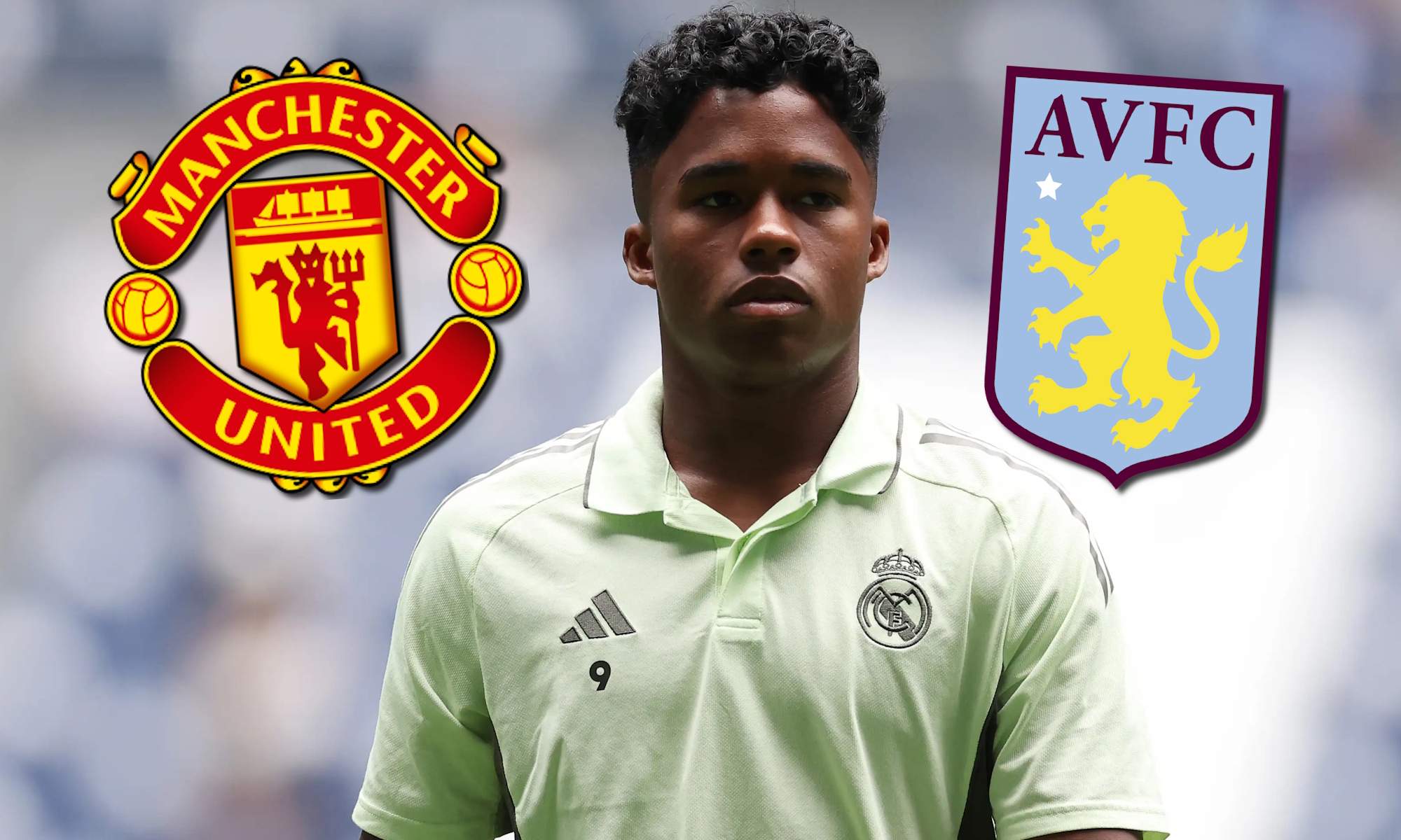 Endrick y escudos del Aston Villa y del Manchester United