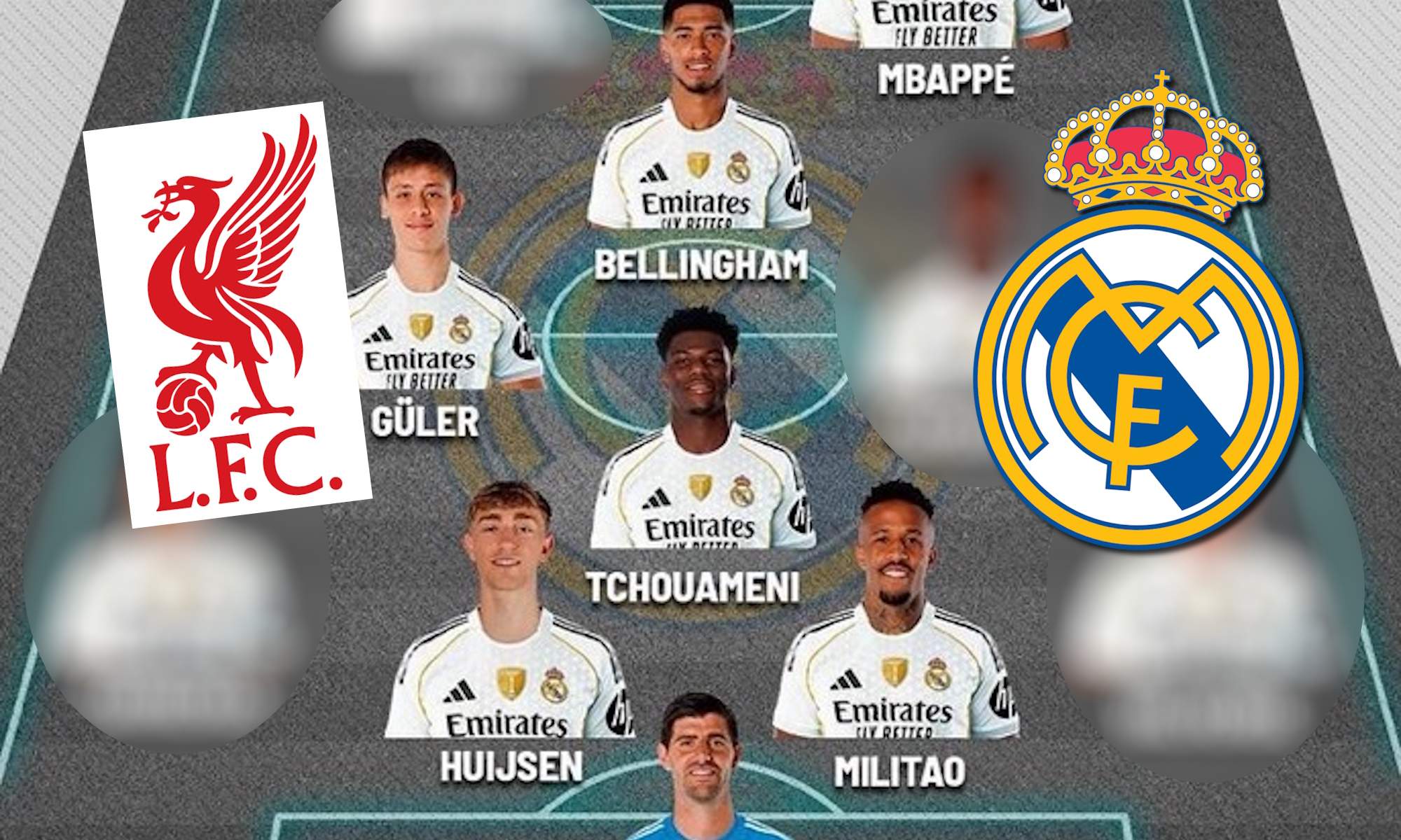 Alineación del Real Madrid con escudos del Liverpool y Real Madrid