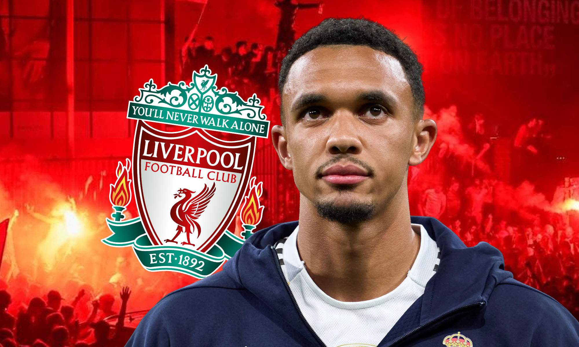 Trent con escudo Liverpool y ultras de fondo