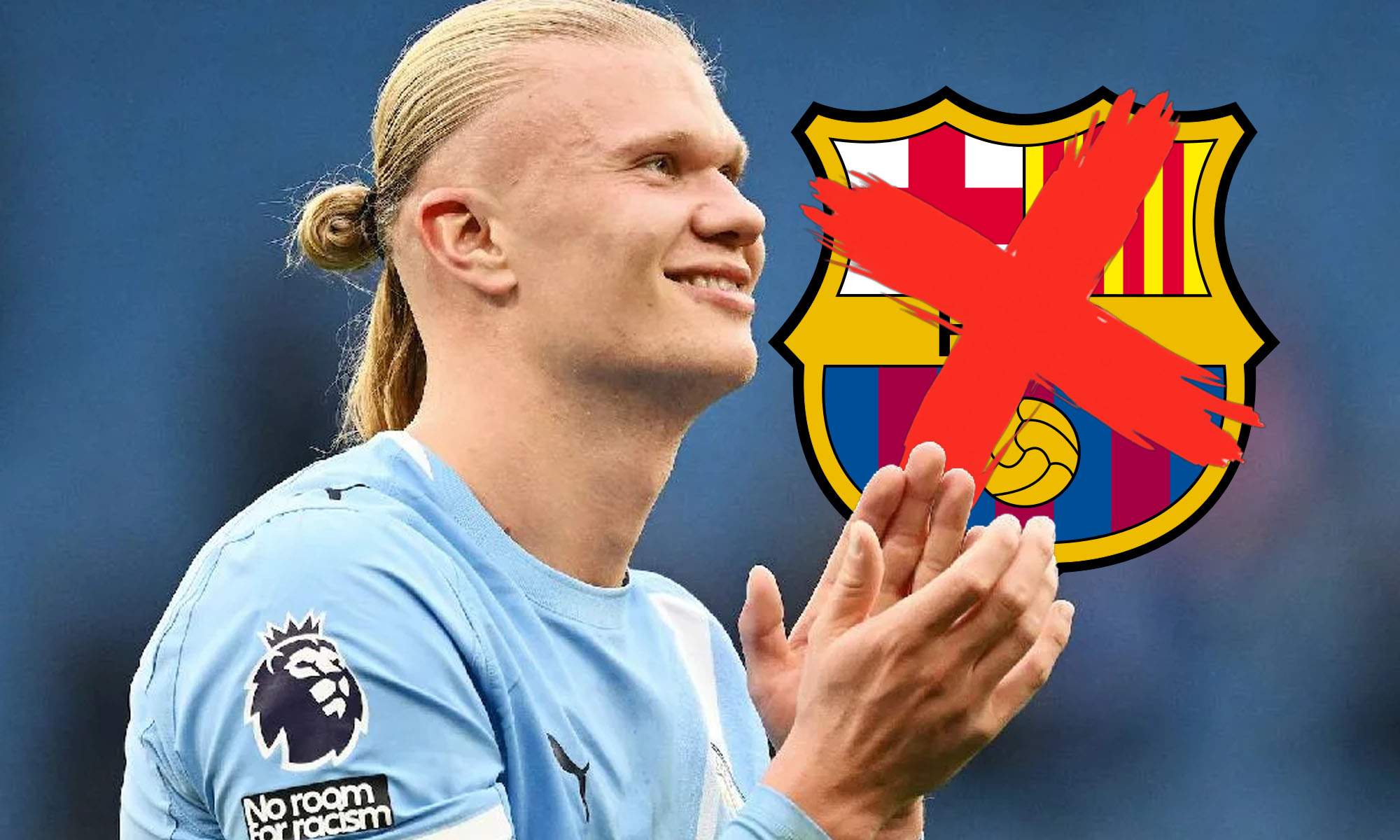 Haaland con escudo Barcelona tachado