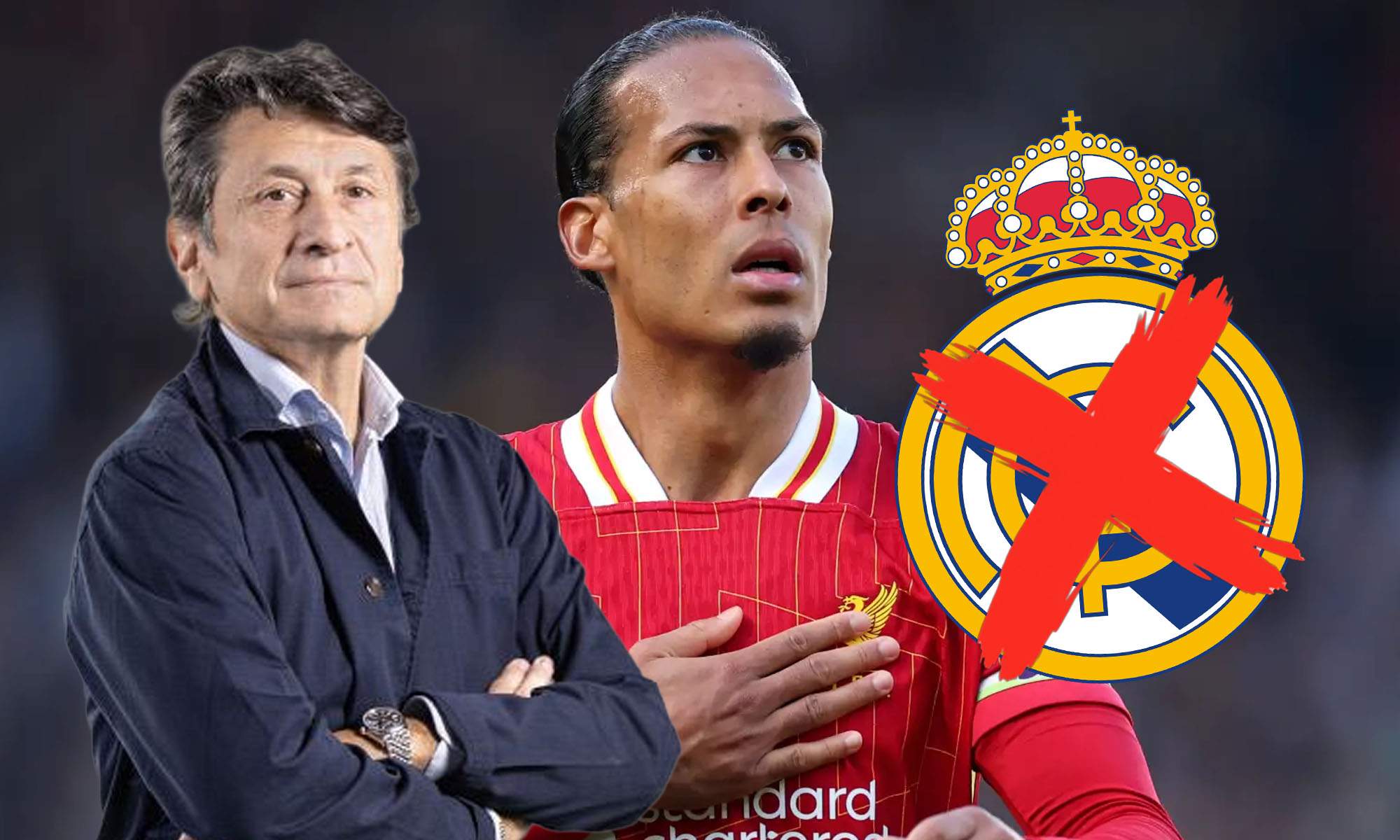 Jose Felix con Van Dijk y escudo Real Madrid tachado