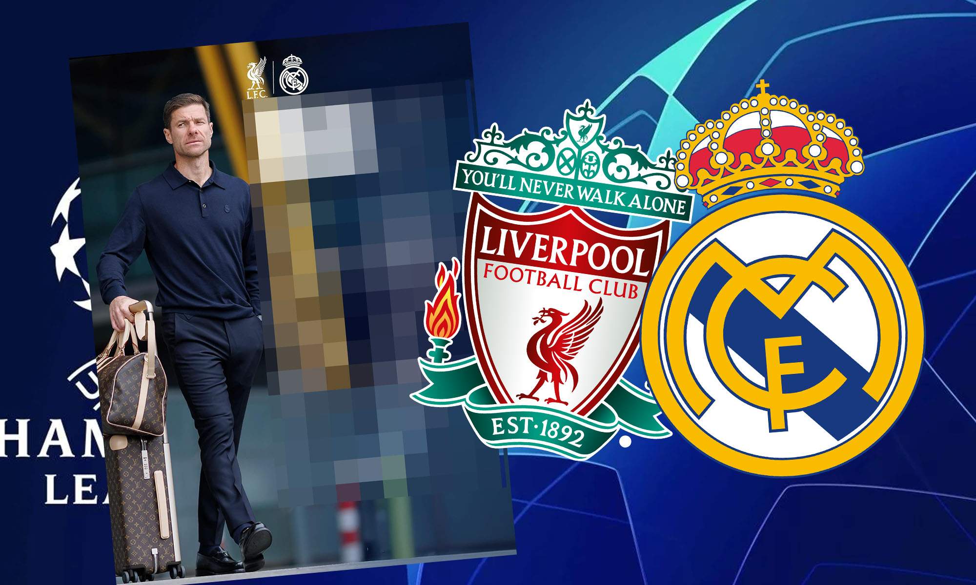 XI de incognito con escudo Liverpool y Real Madrid con fondo Champions