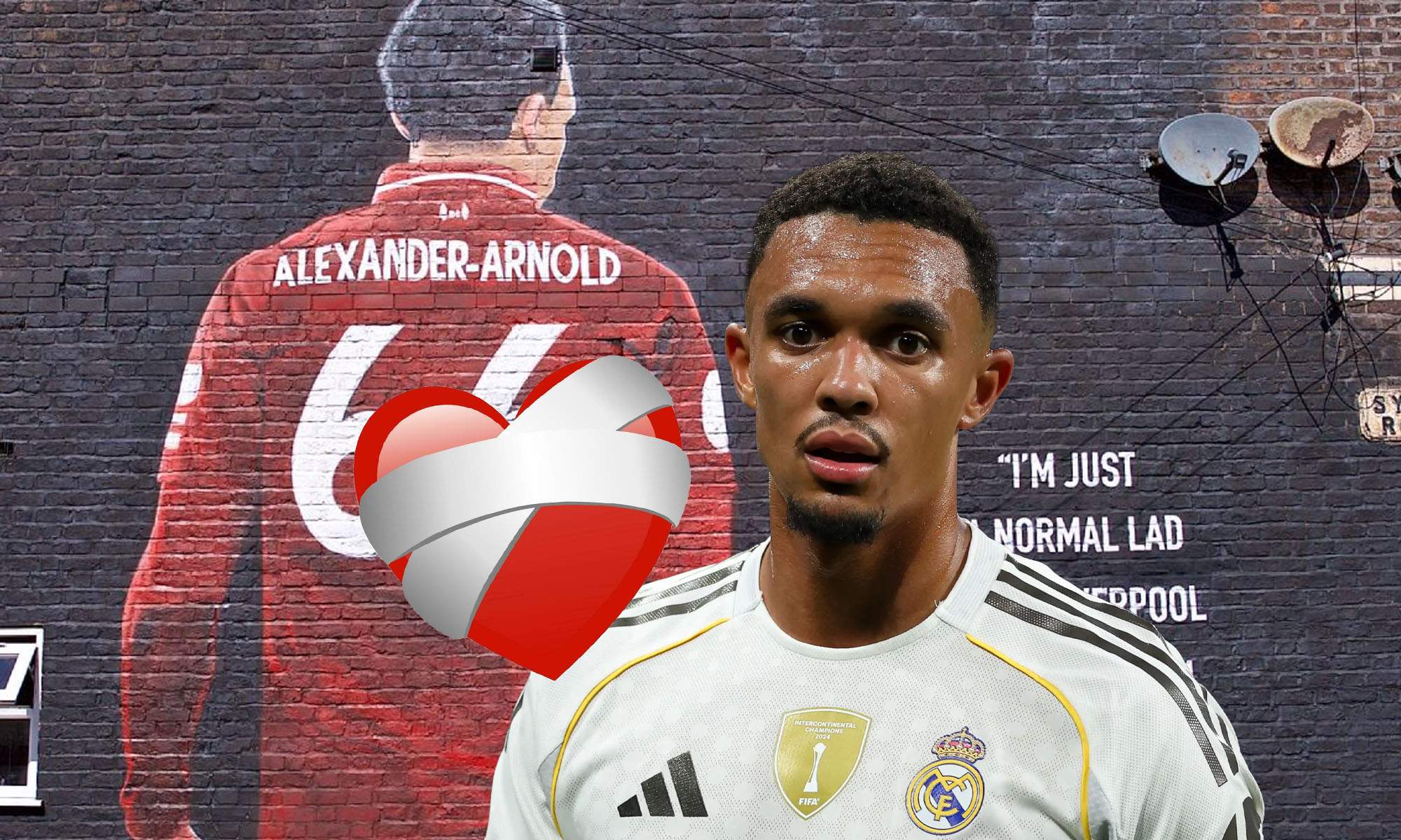 Trent Alexander Arnold con mural detrás y emoji de corazón sanado