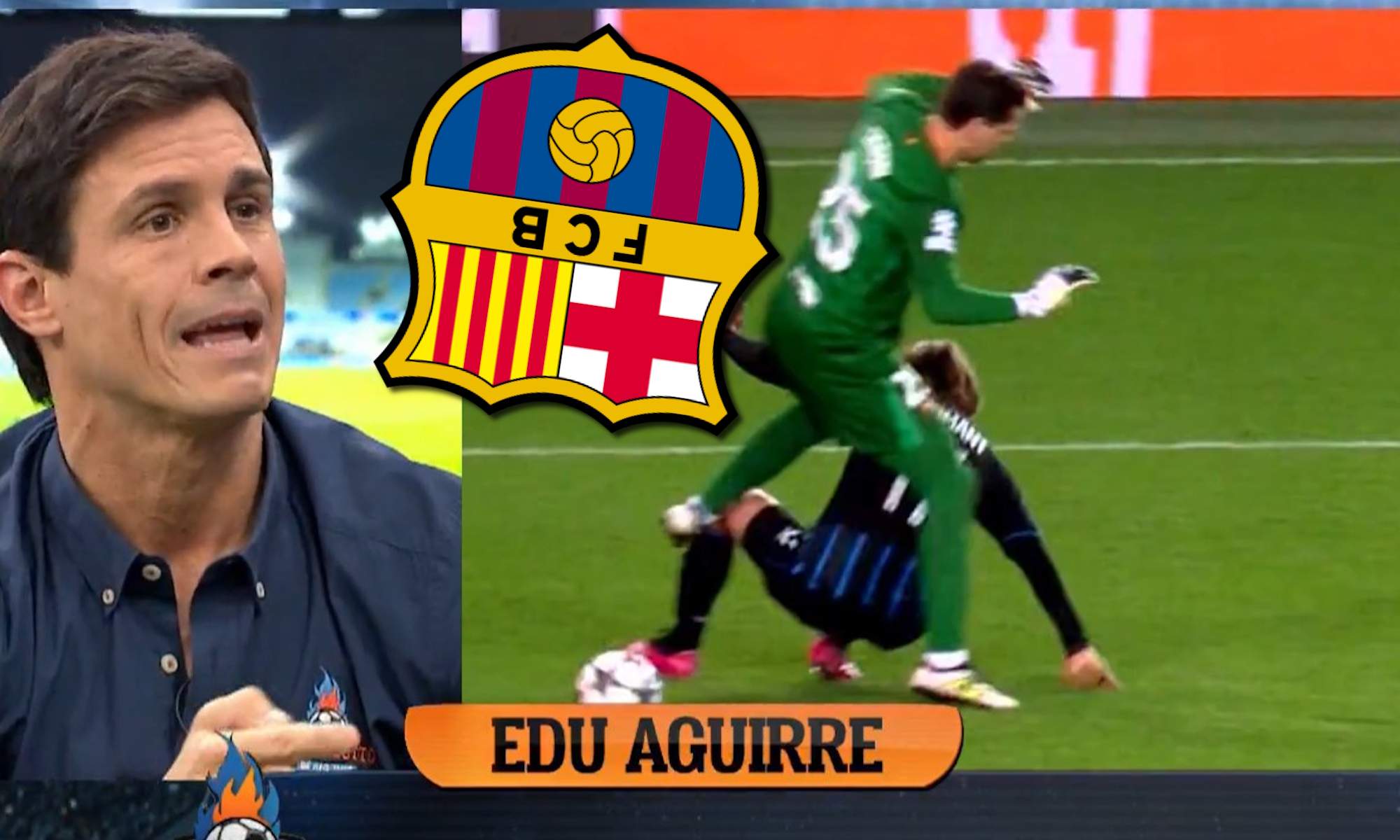 Edu Aguirre en el Chiringuito con escudo del Barça al revés