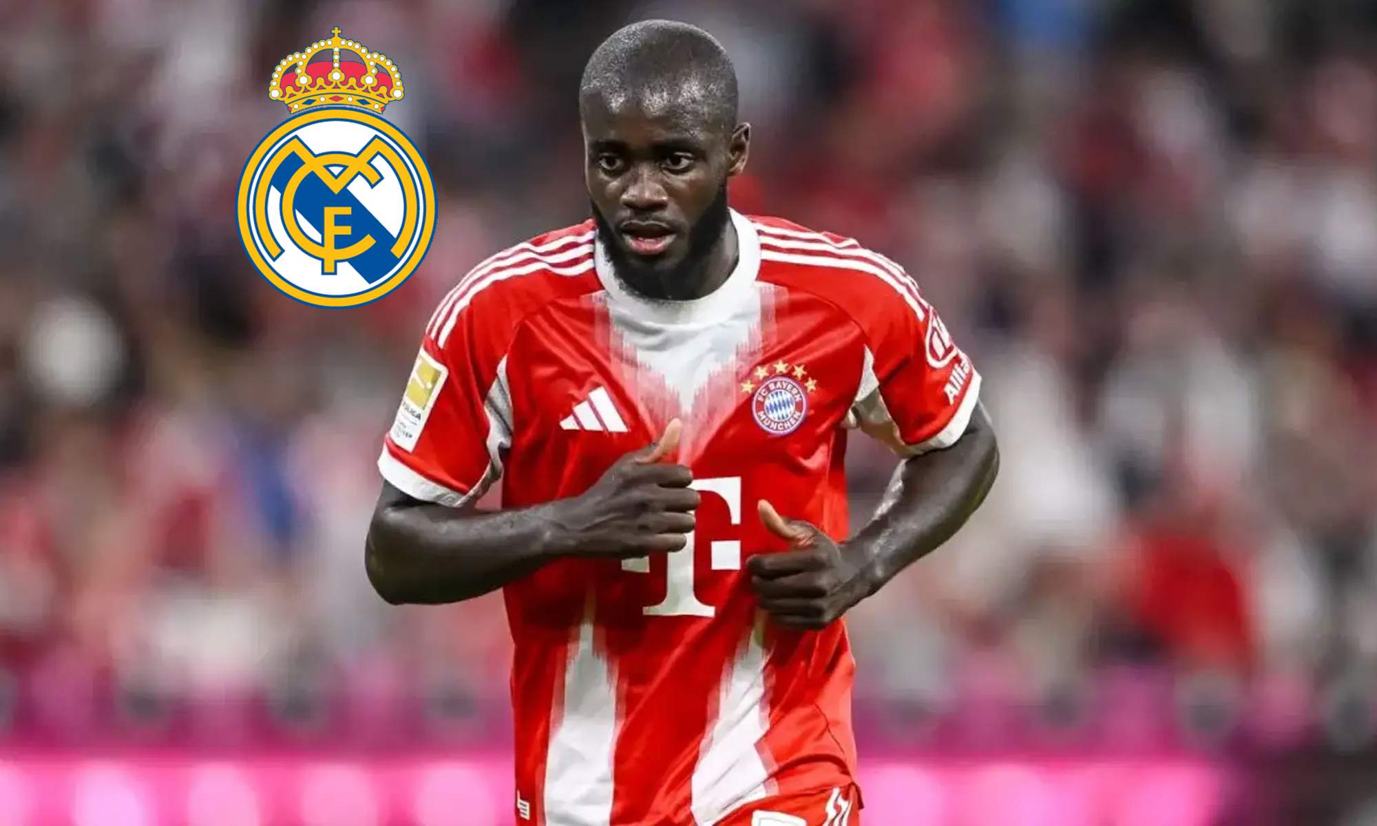 Upamecano jugando con el Bayern Múnich y un escudo del Real Madrid.