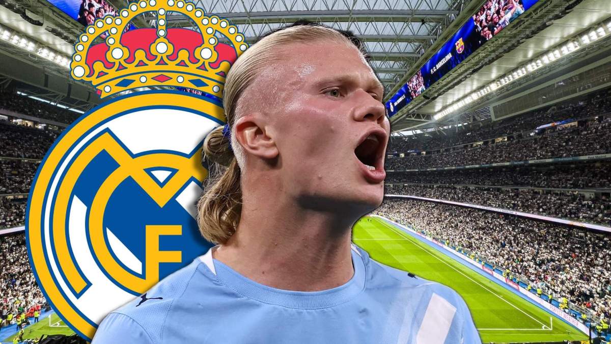 Haaland y escudo del Real Madrid