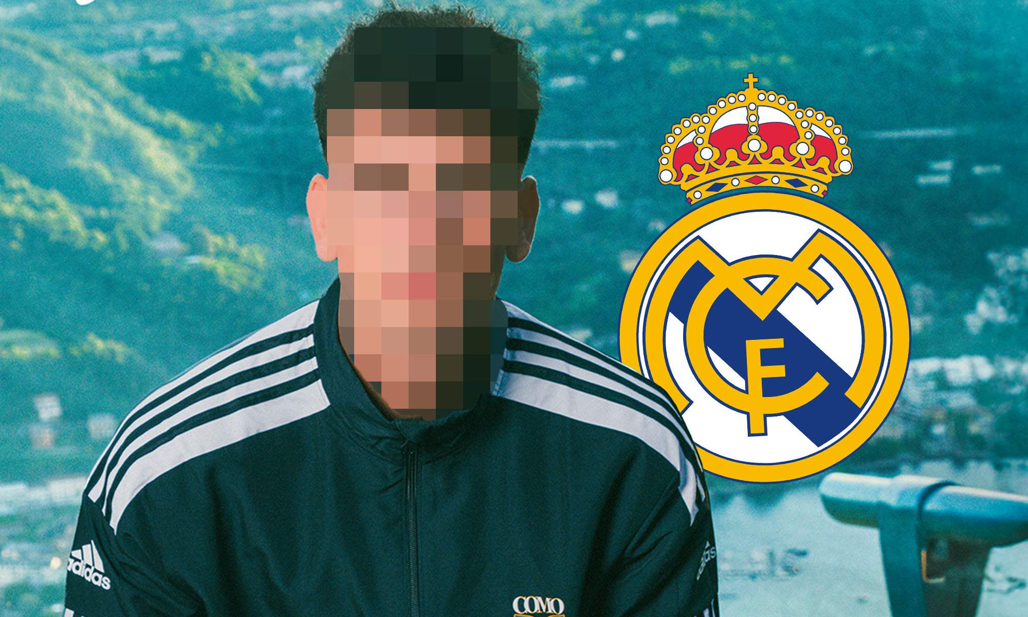Jugador incognito con escudo Real Madrid en el fondo
