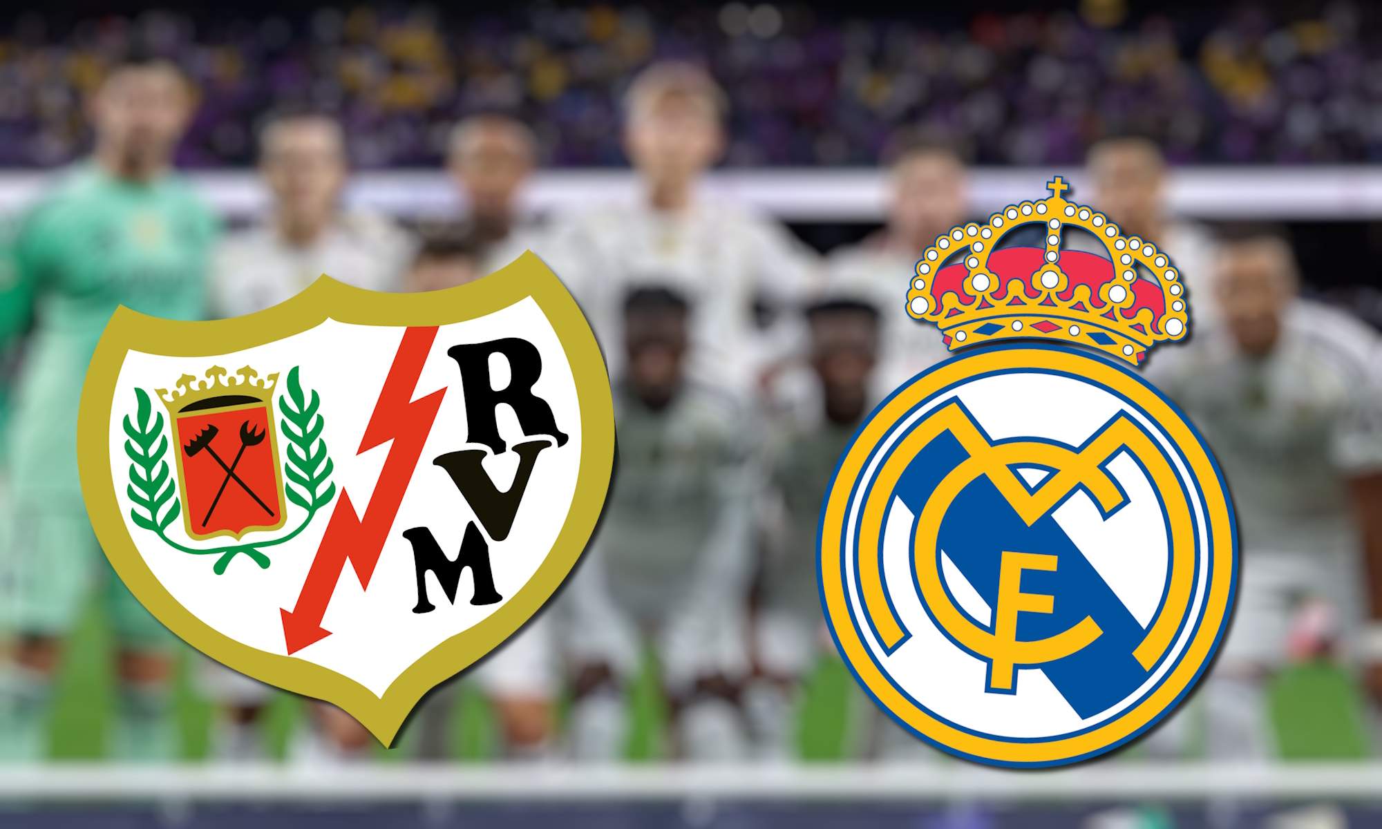 Escudos de Rayo y Real Madrid con once de fondo