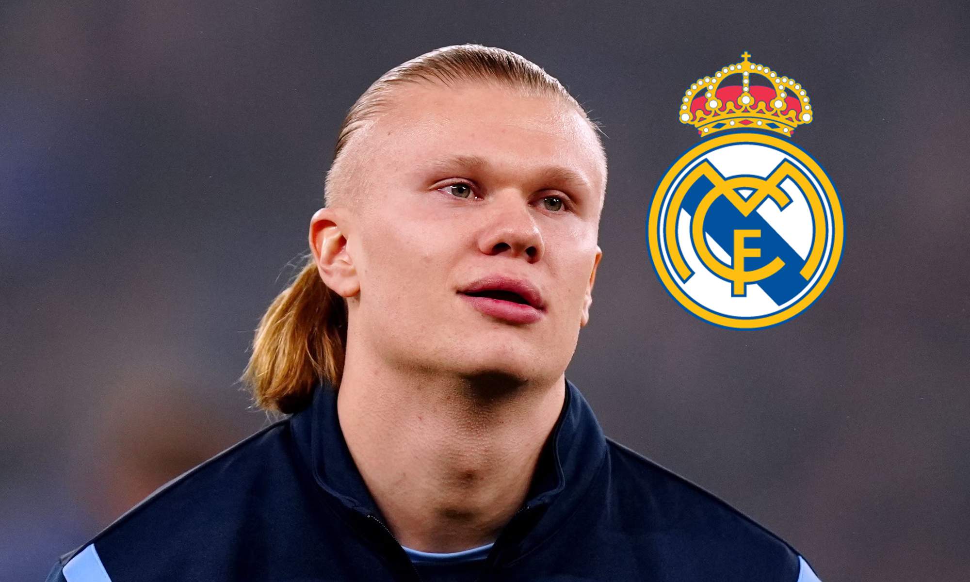 Erling Haaland y el escudo del Real Madrid. 