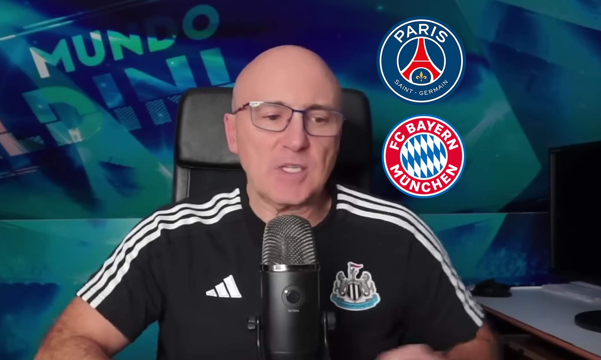 Julio Maldini hablando en su canal de Youtube y los escudos del Paris Saint-Germain y el Bayern Múnich.