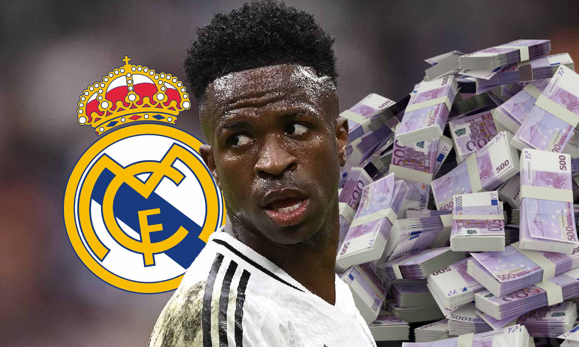 Vinicius con dinero y escudo del Real Madrid