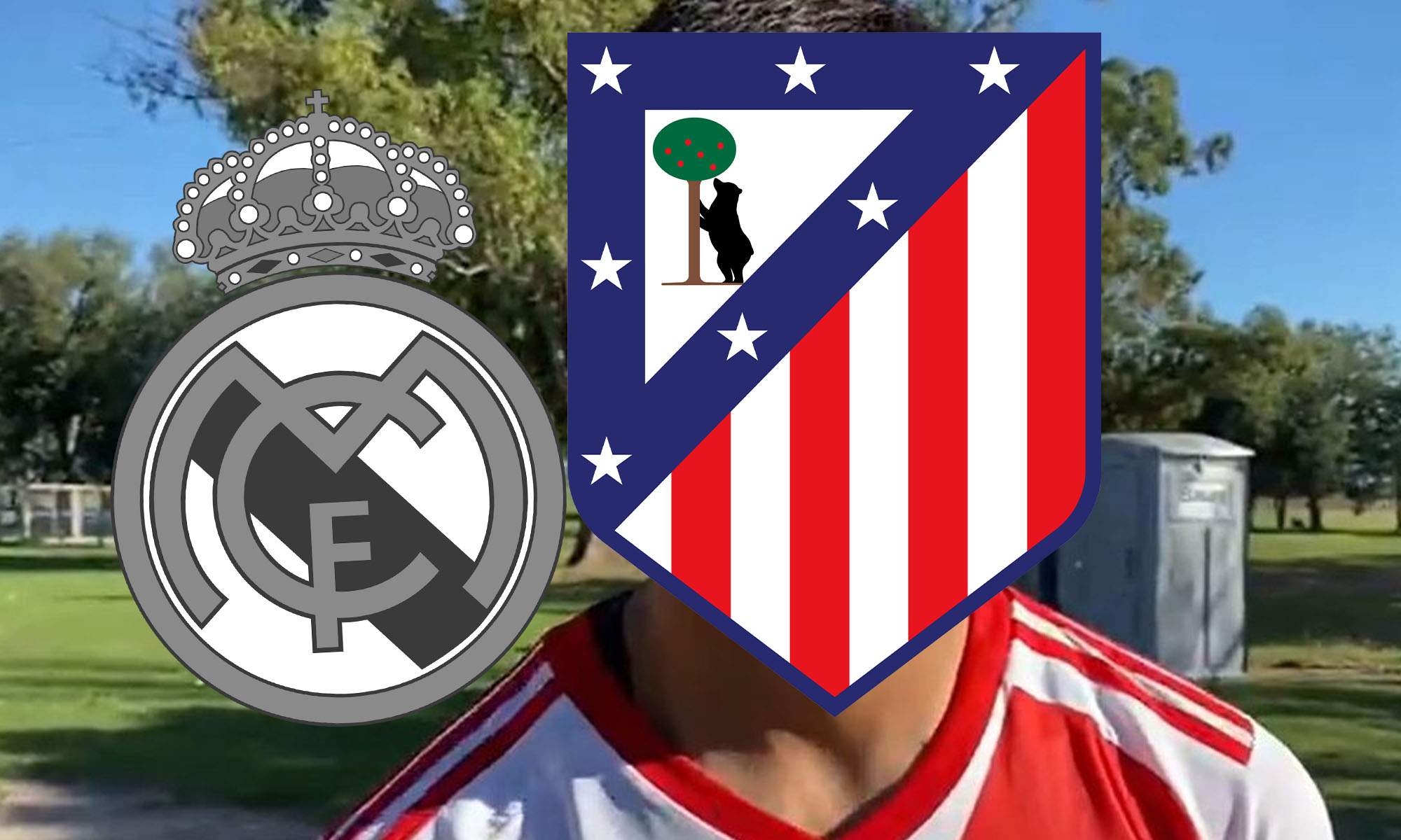 Jugador incognito con escudo Atlético y Real Madrid en BN