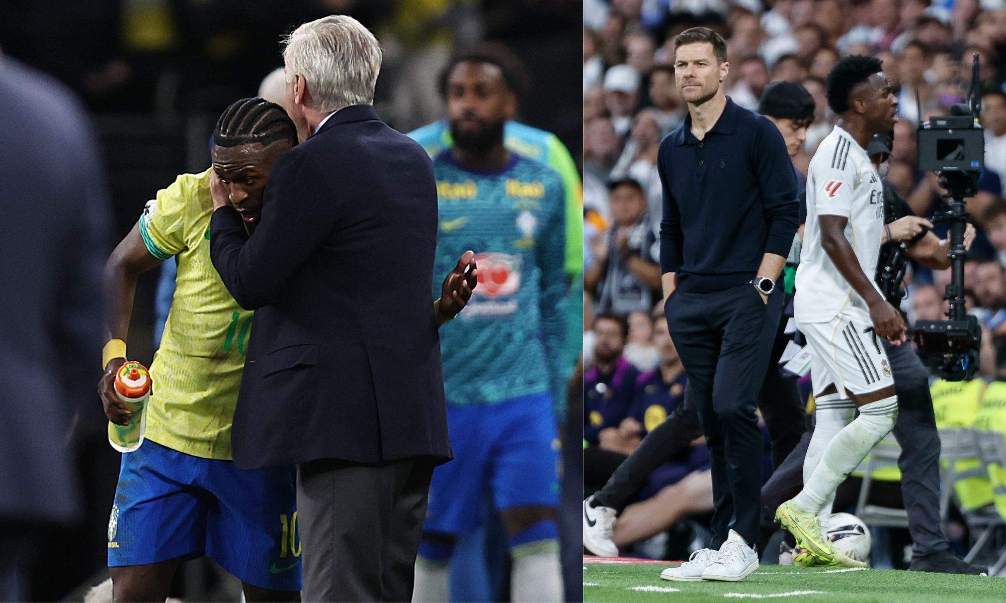 Vinicius con Ancelotti abrazados y Vinicius con Xabi Alonso