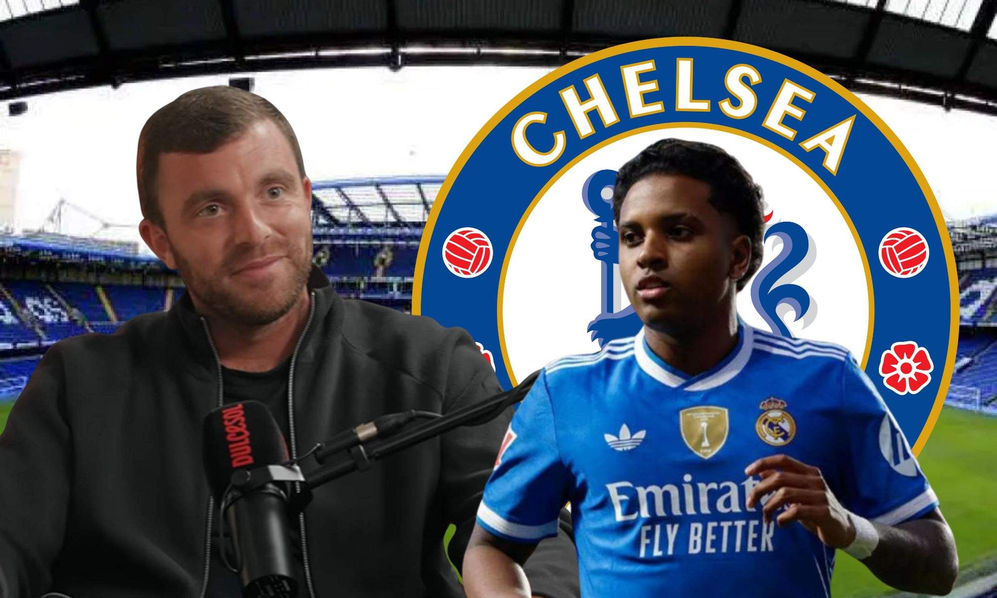 Fabrizio Romano junto a Rodrygo sobre el escudo del Chelsea
