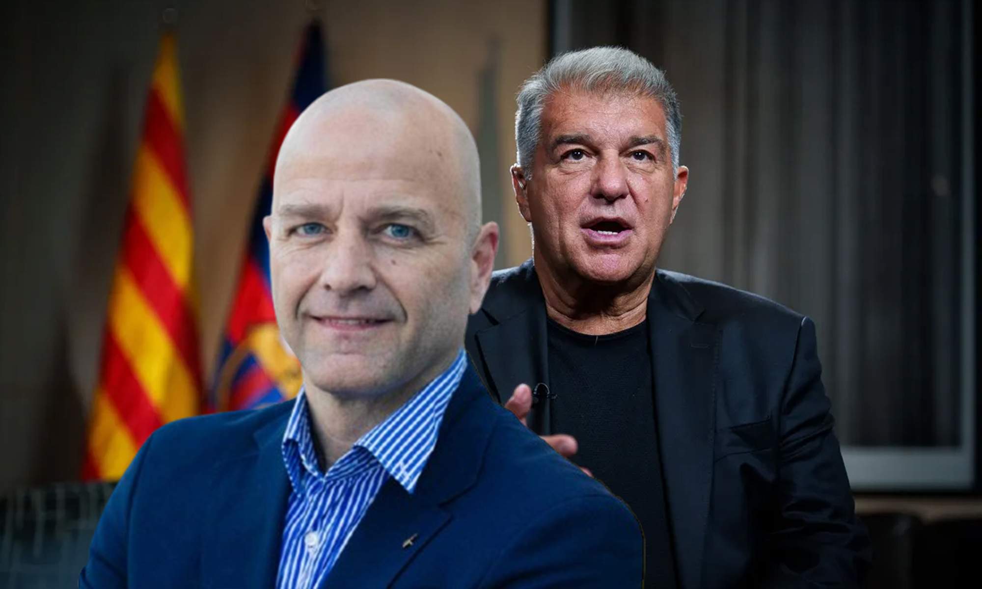 Xavier Vilajoana y una foto de Joan Laporta con el Barcelona. 