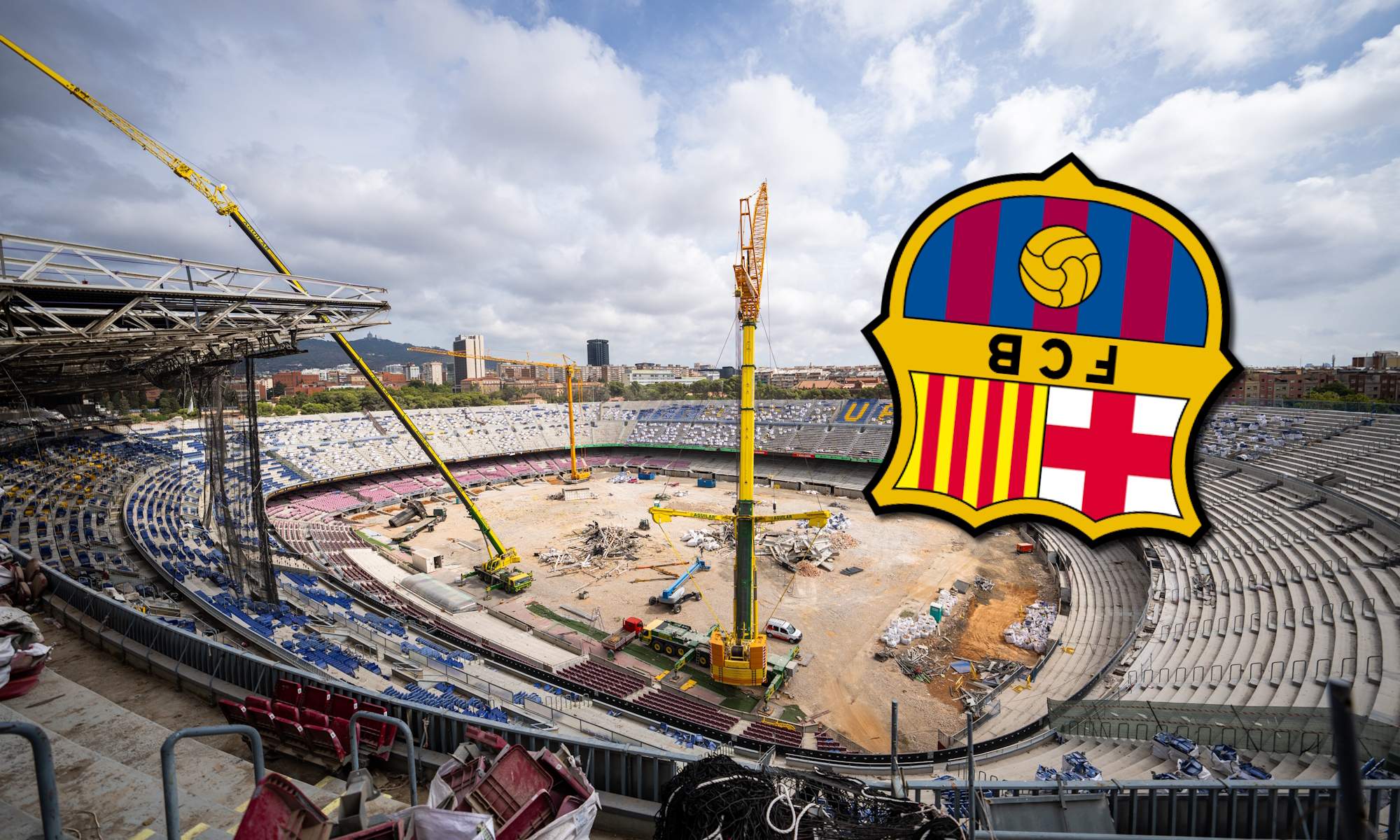 Obras del Camp Nou y escudo del Barça al revés