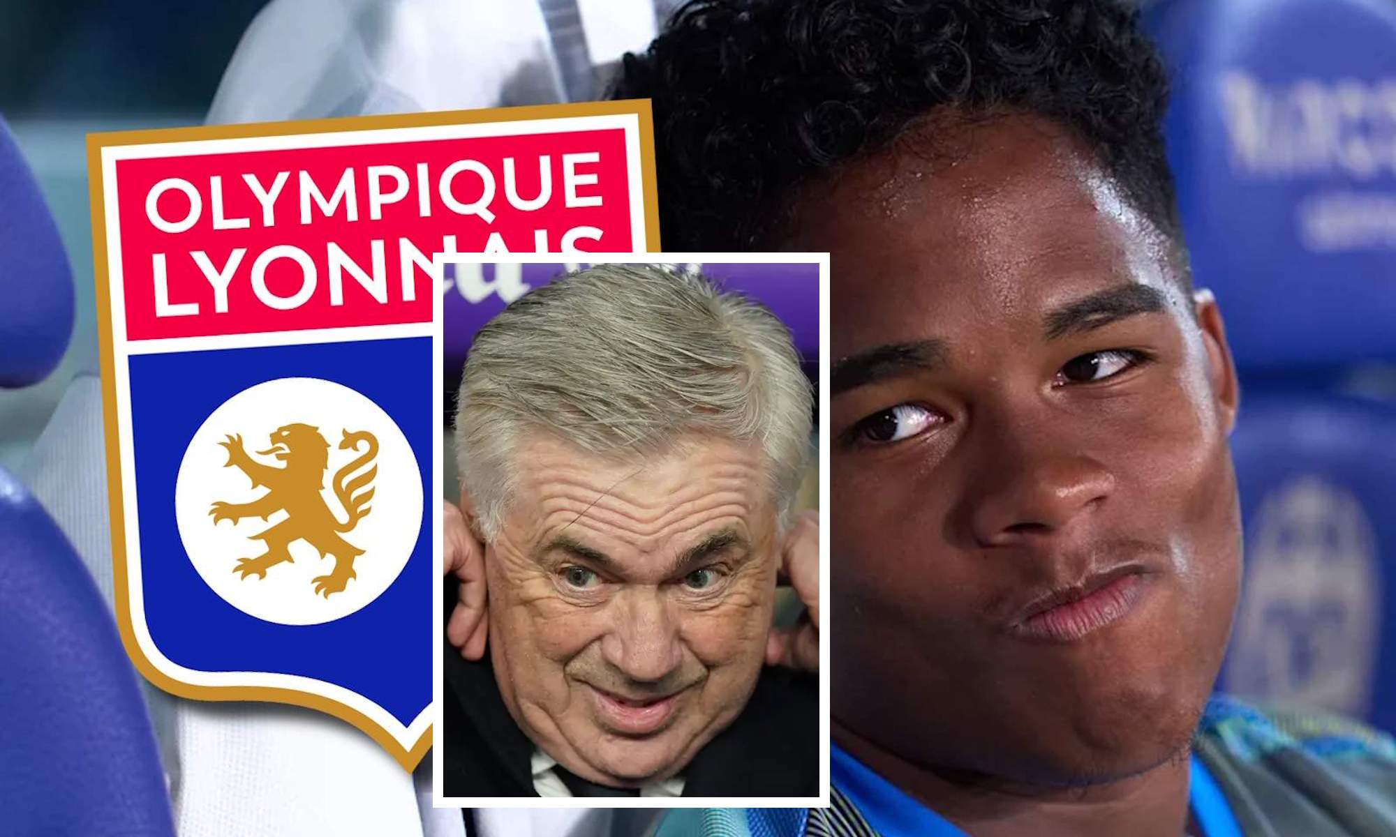 Endrick, escudo del Lyon y Ancelotti en recuadro