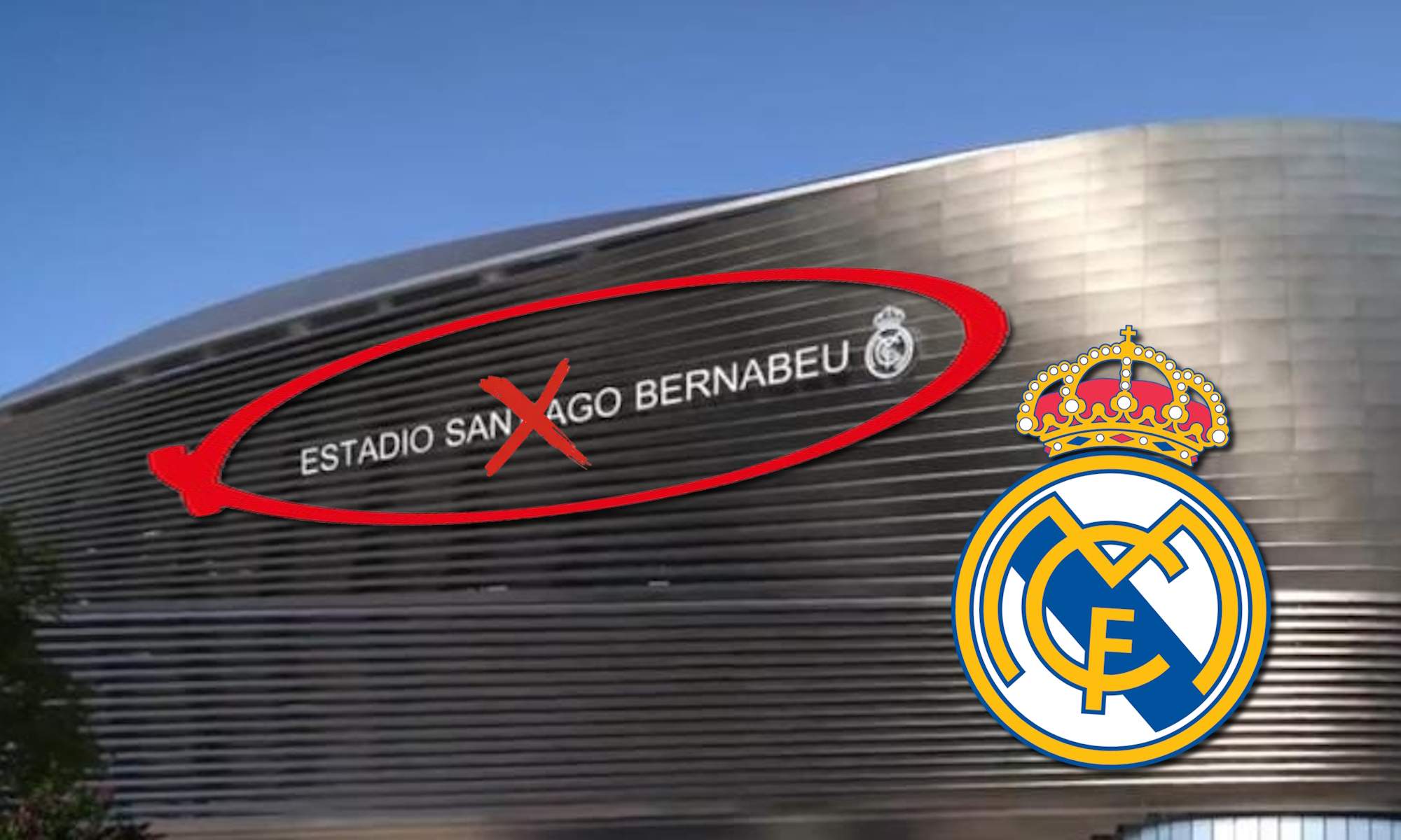 Bernabéu tachado en cubierta y escudo del Real Madrid
