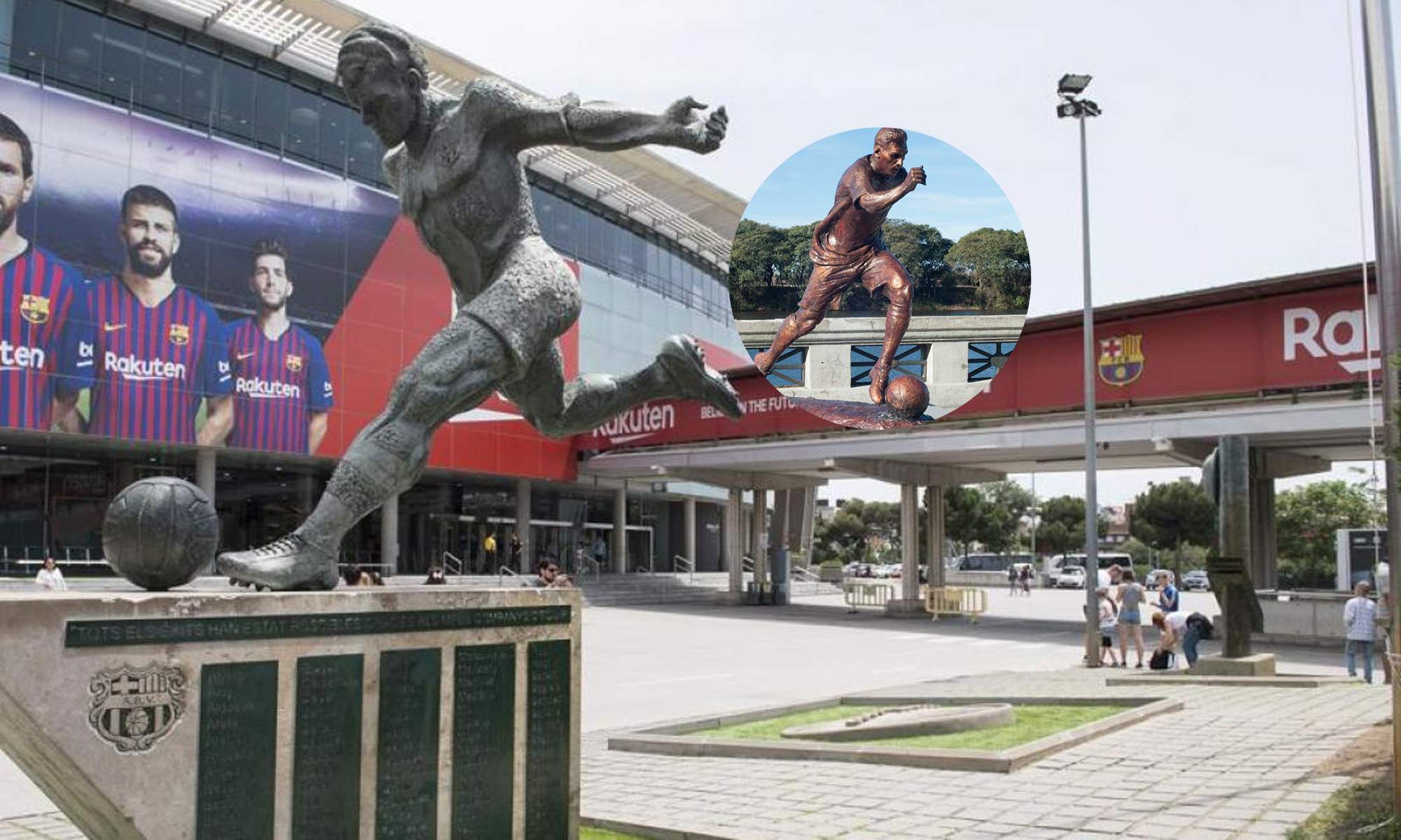 Estatua de Cruyff en el Camp Nou y una foto de una estatua de Leo Messi.