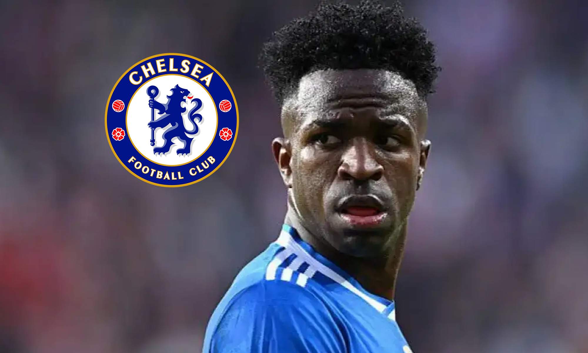 Vinícius Júnior jugando un partido con el Real Madrid y el escudo del Chelsea.