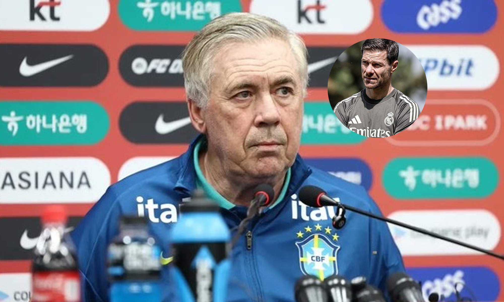 Carlo Ancelotti en una rueda de prensa con Brasil y Xabi Alonso. 