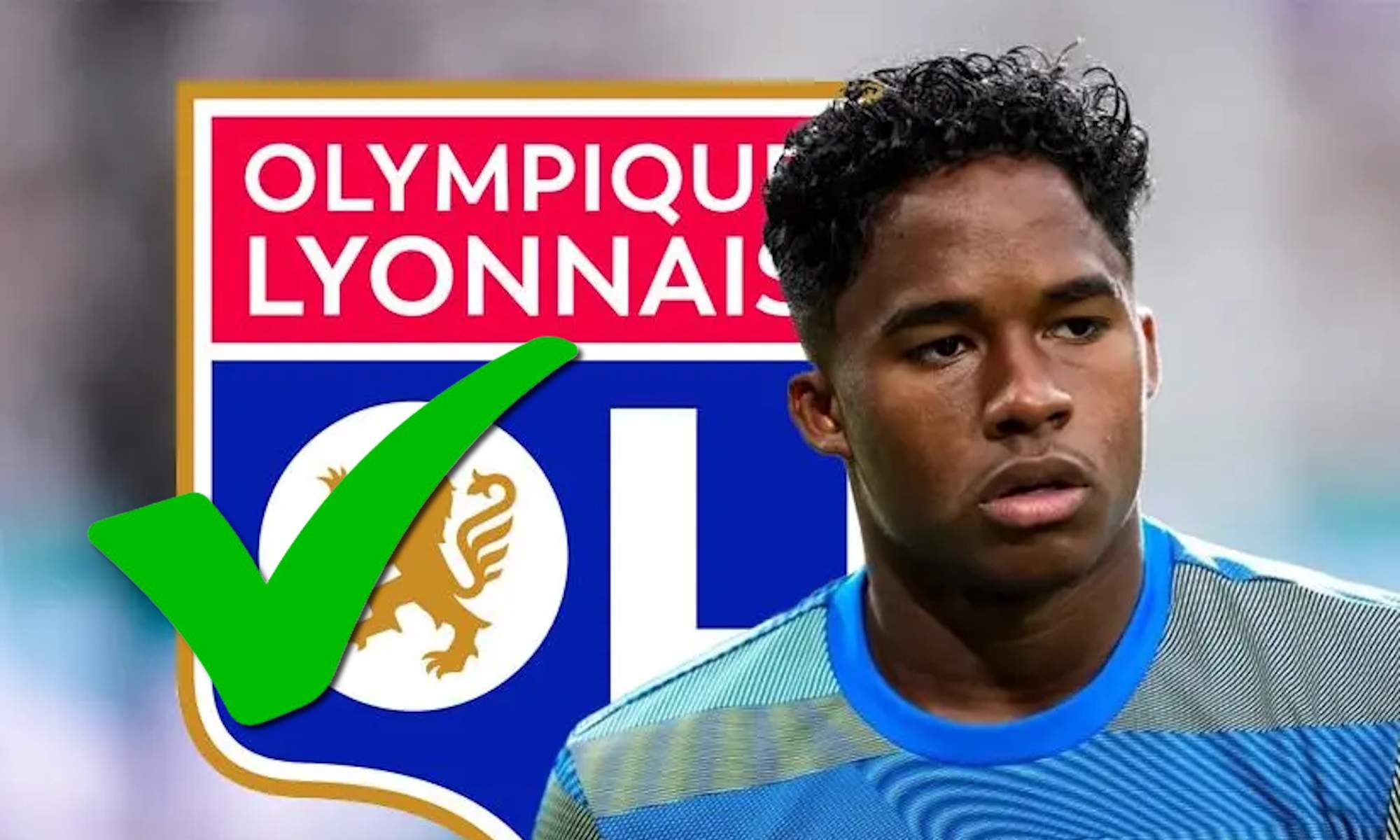 Endrick con escudo del Lyon y tick verde