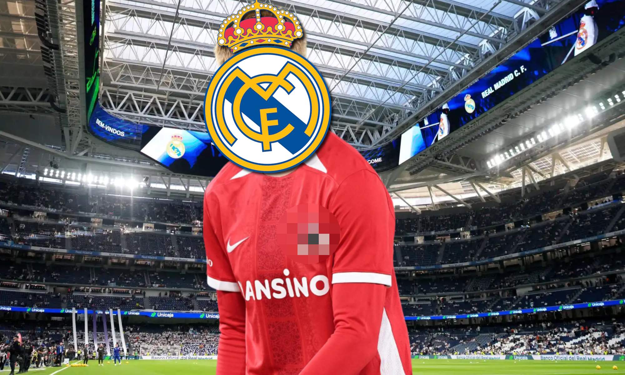 Jugador tapado por escudo Real Madrid y Bernabéu de fondo