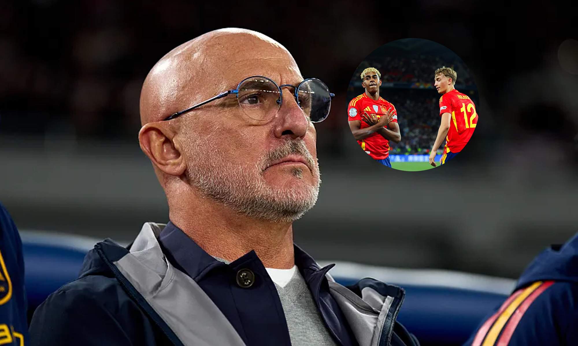 Luis de la Fuente y una foto de Lamine Yamal y Dean Huijsen.