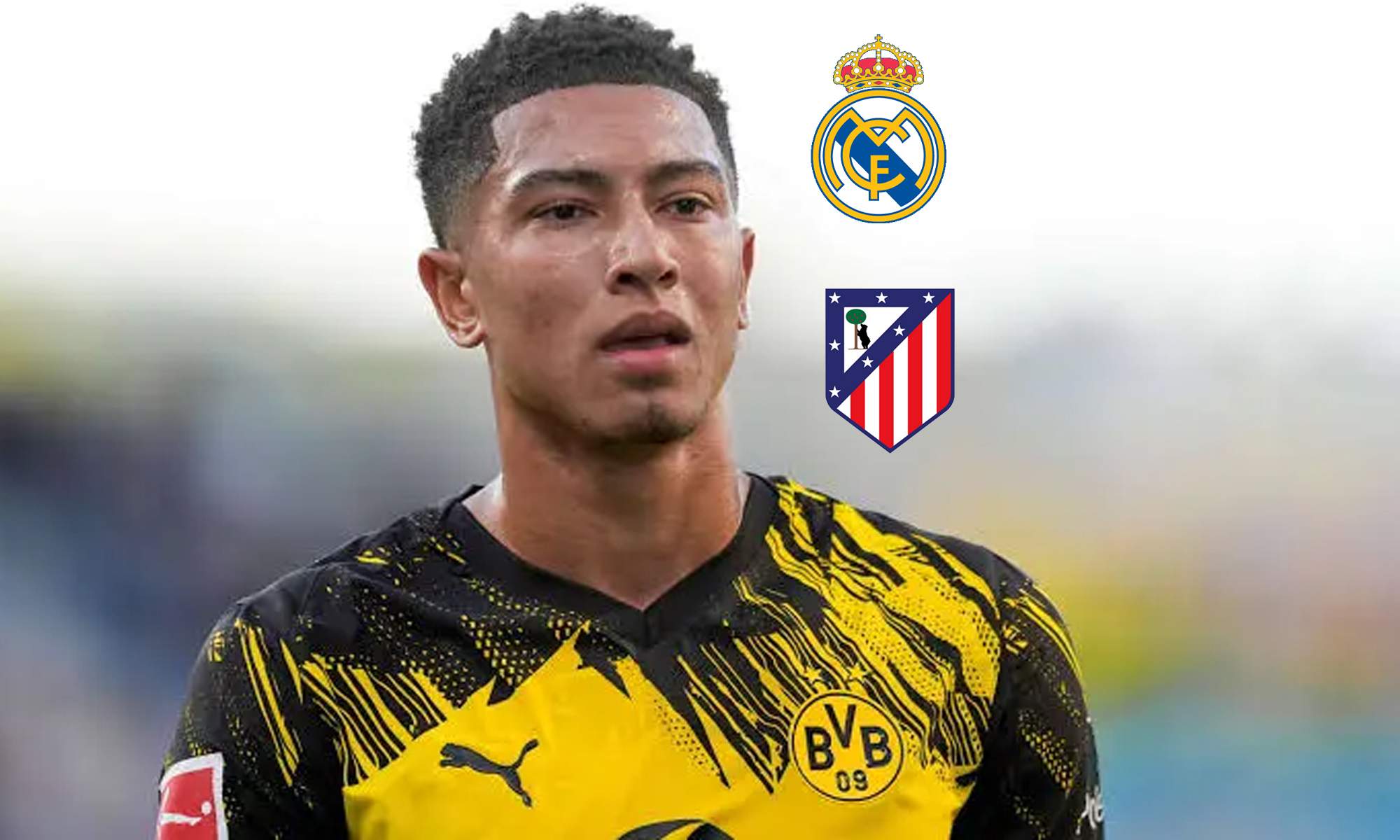 Jobe Bellingham con la camiseta del Borussia Dortmund y una foto de los escudos del Real Madrid y el Atlético de Madrid.