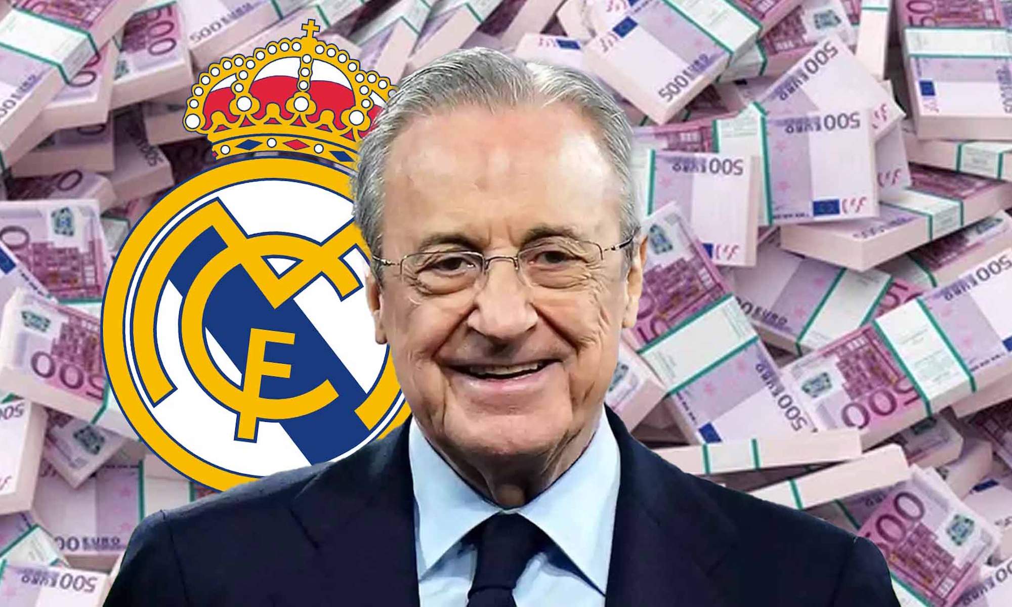 Florentino Pérez con dinero de fondo y escudo del Real Madrid