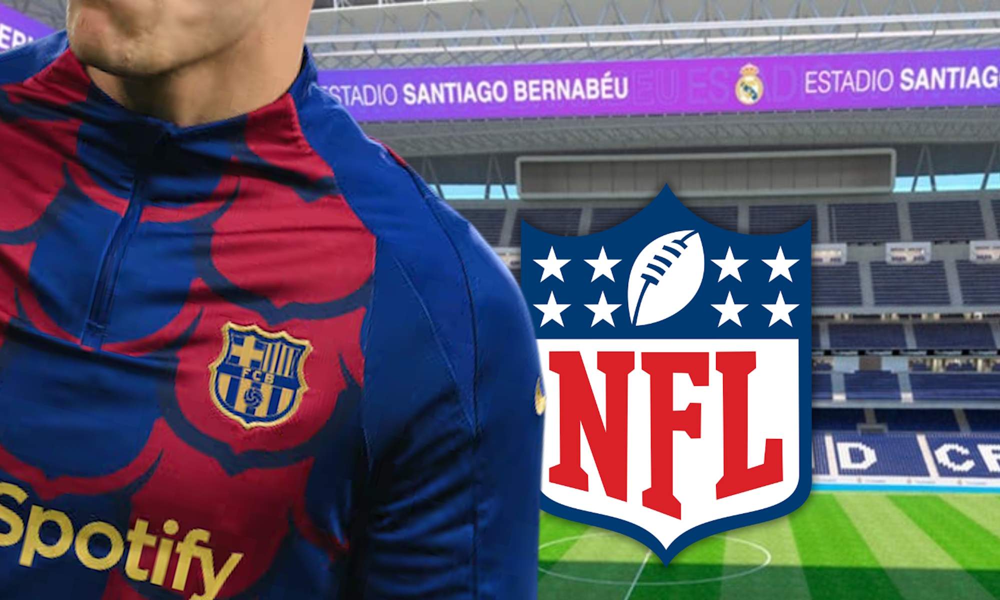 Jugador del Barça con NFL y Bernabéu de fondo