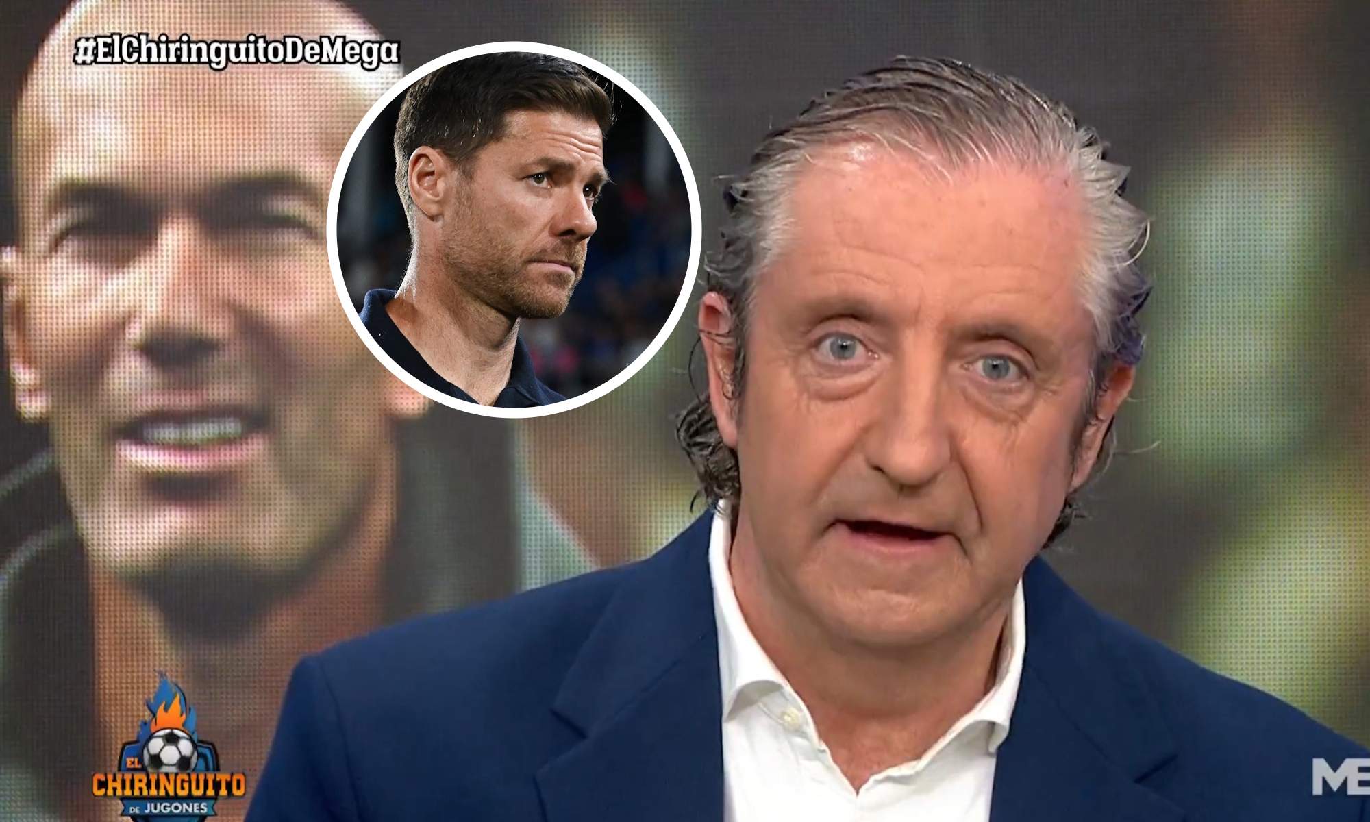 Pedrerol en el Chiringuito con Zidane de fondo y Xabi Alonso en círculo