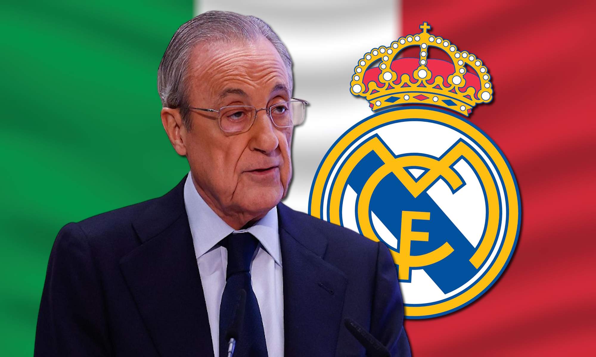 Florentino Pérez con escudo del Real Madrid y bandera de Italia de fondo