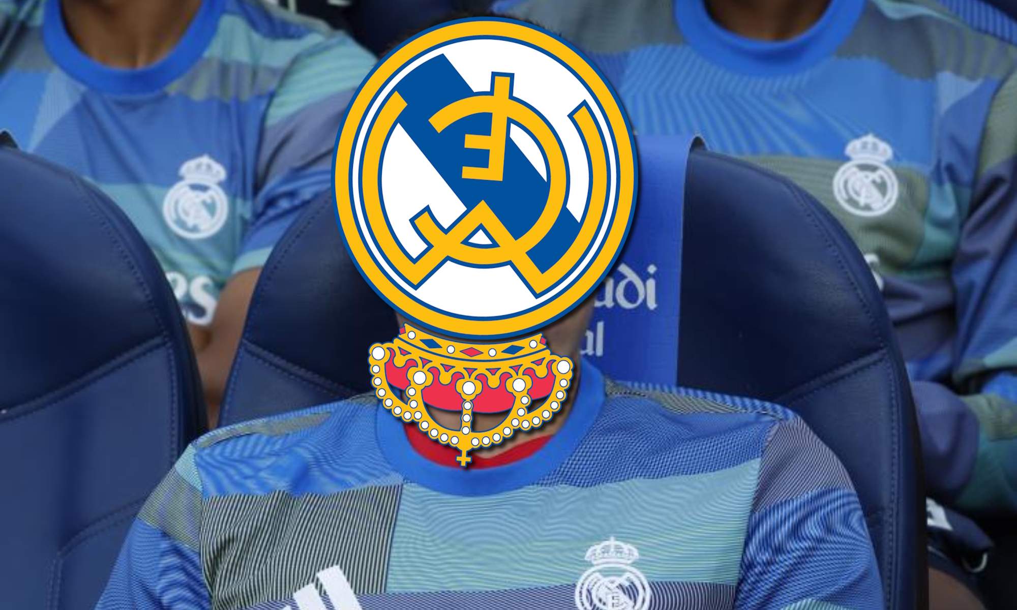Jugador del Real Madrid en el banquillo tapado por escudo al revés