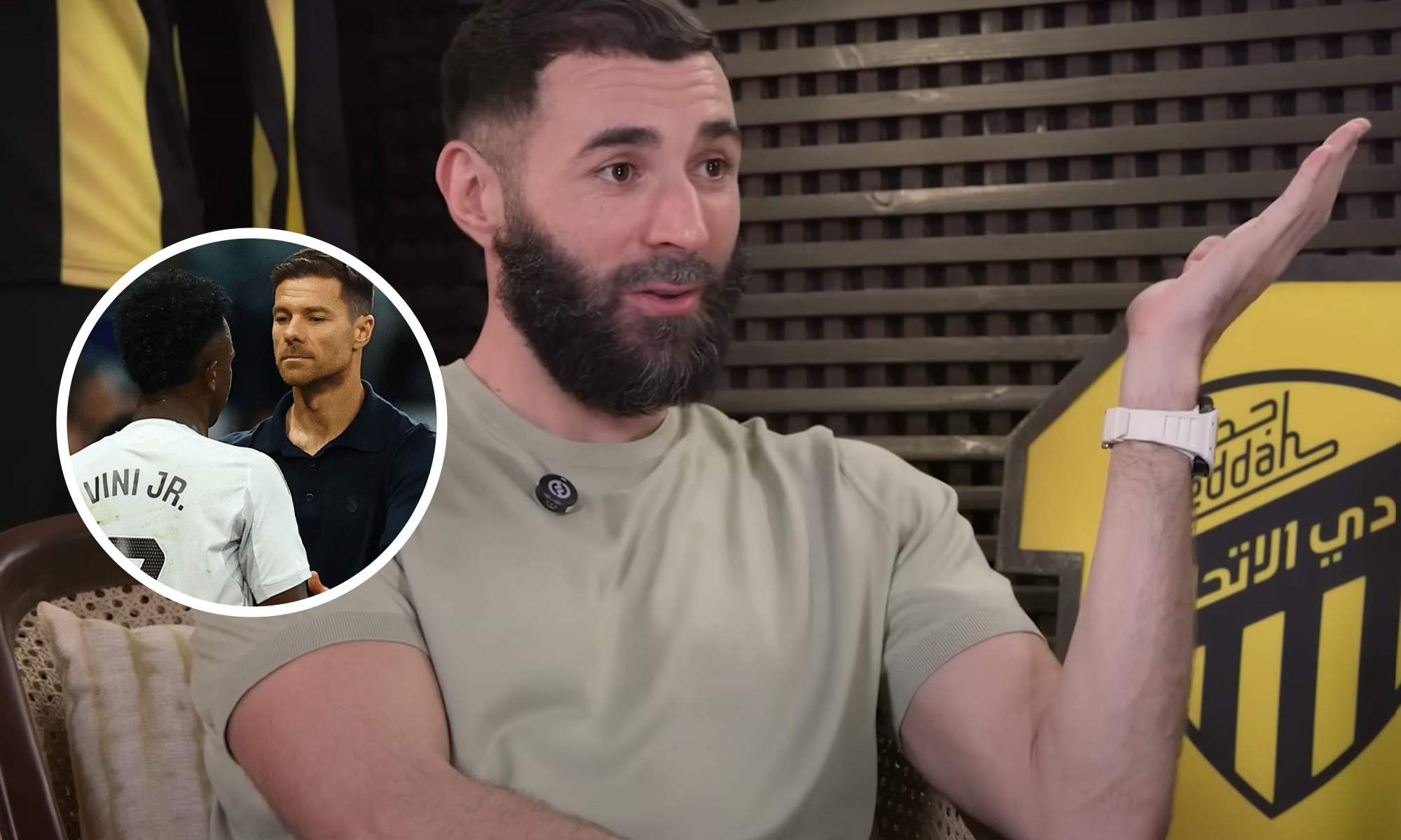 Benzema en una entrevista con Xabi y Vinicius en círculo